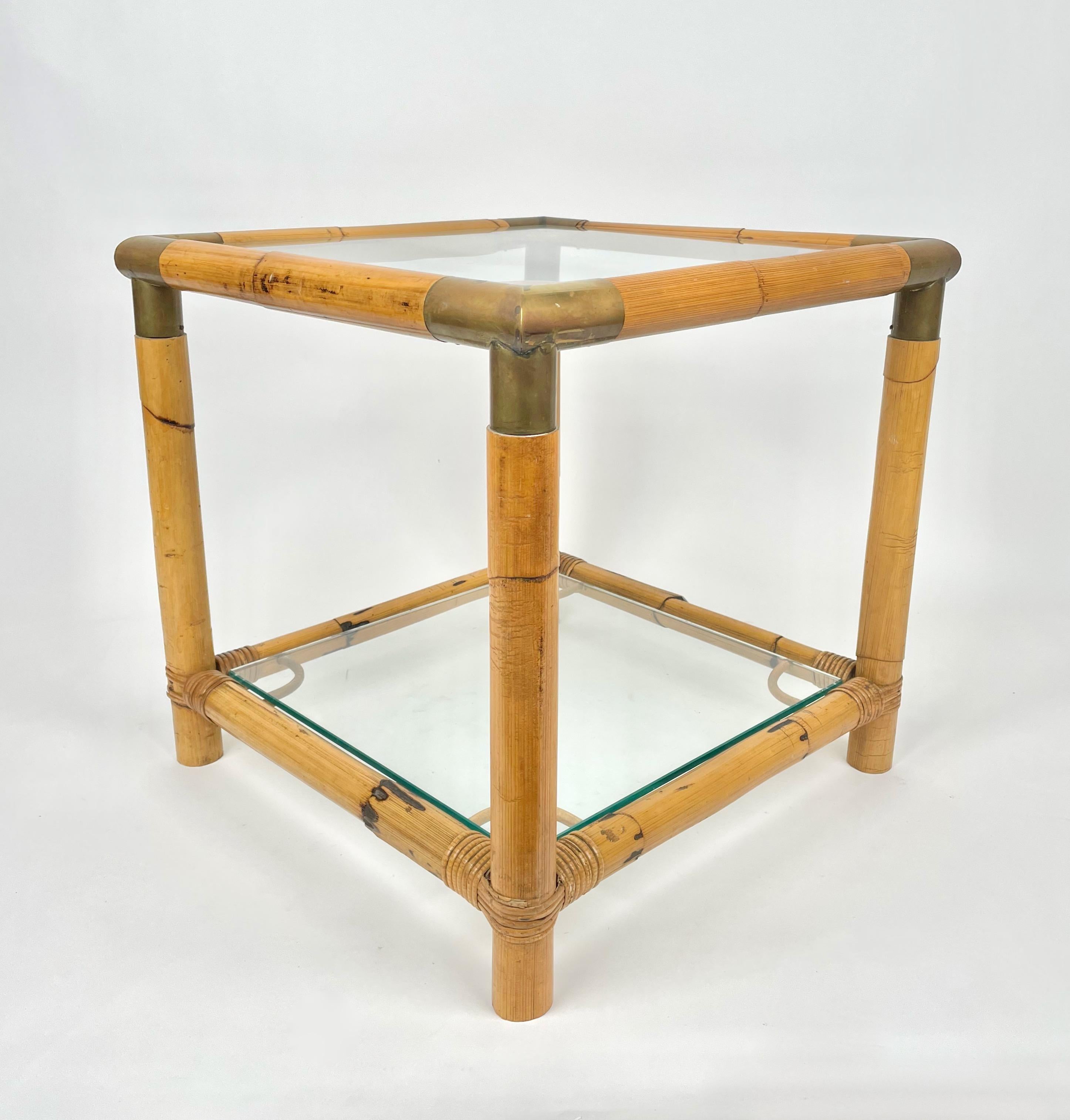 Bamboo, Glass and Brass Squared Side Table, Italy, 1970s 3