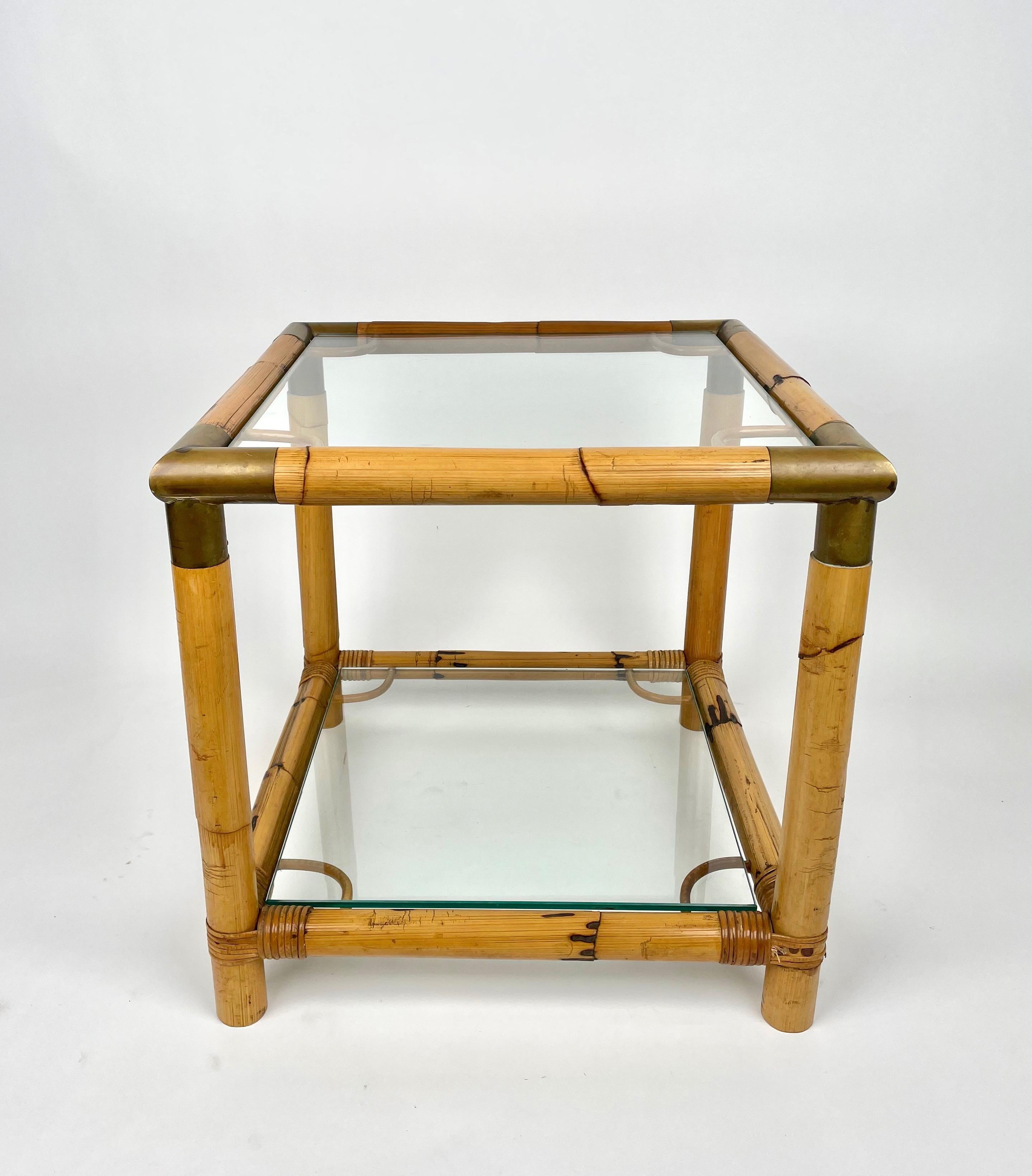 Bamboo, Glass and Brass Squared Side Table, Italy, 1970s 4
