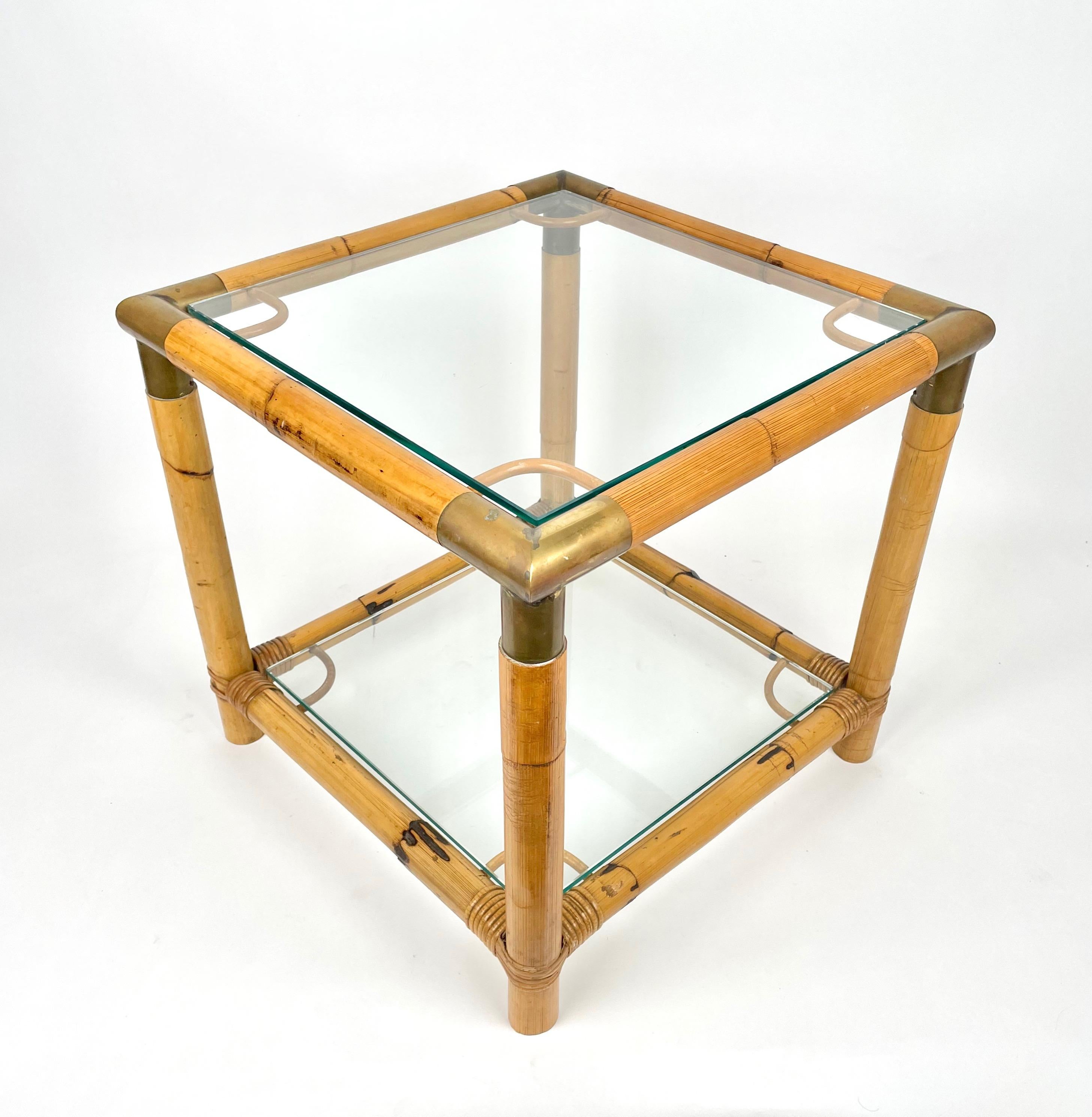 Bamboo, Glass and Brass Squared Side Table, Italy, 1970s 5