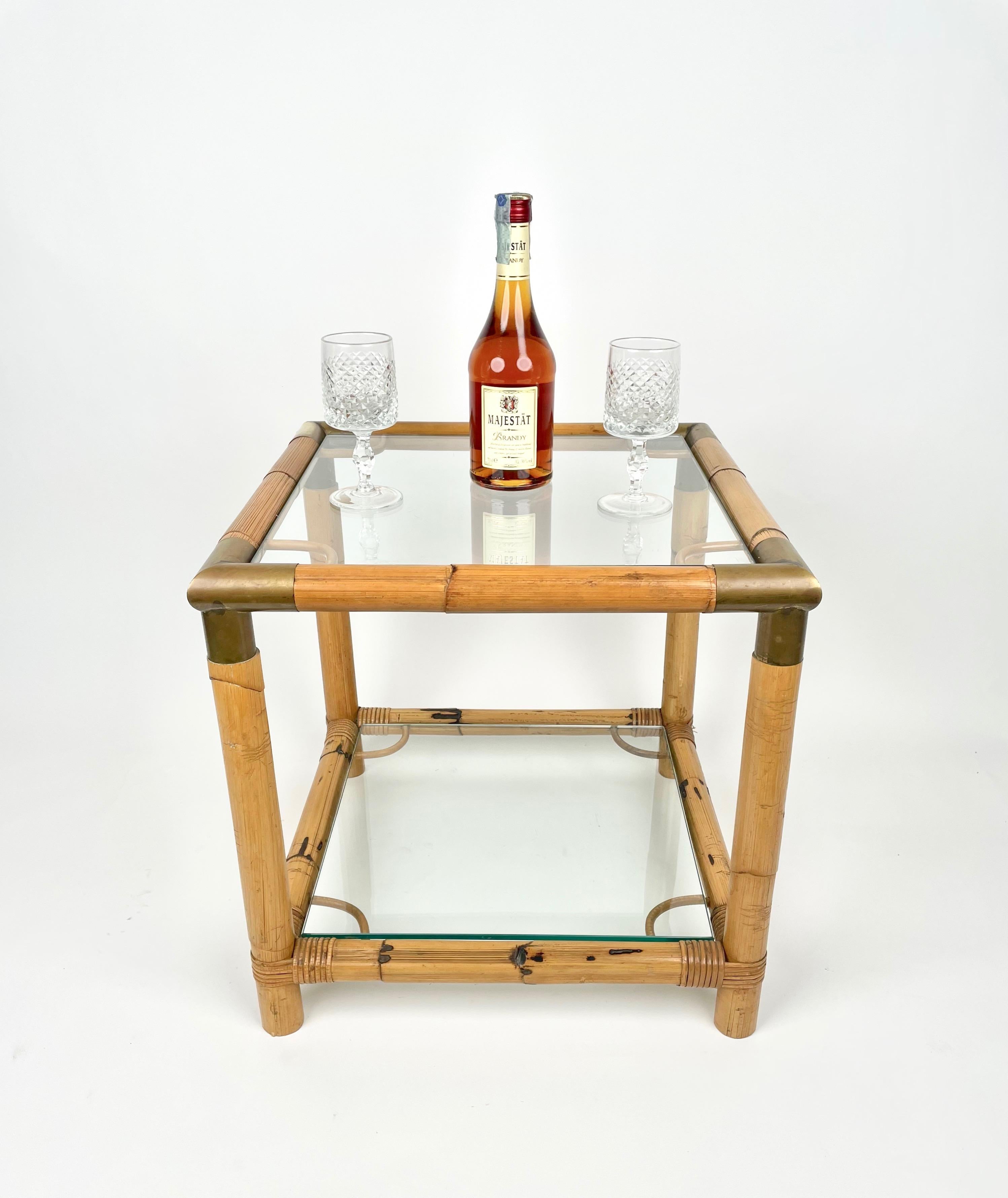 Bamboo, Glass and Brass Squared Side Table, Italy, 1970s 6