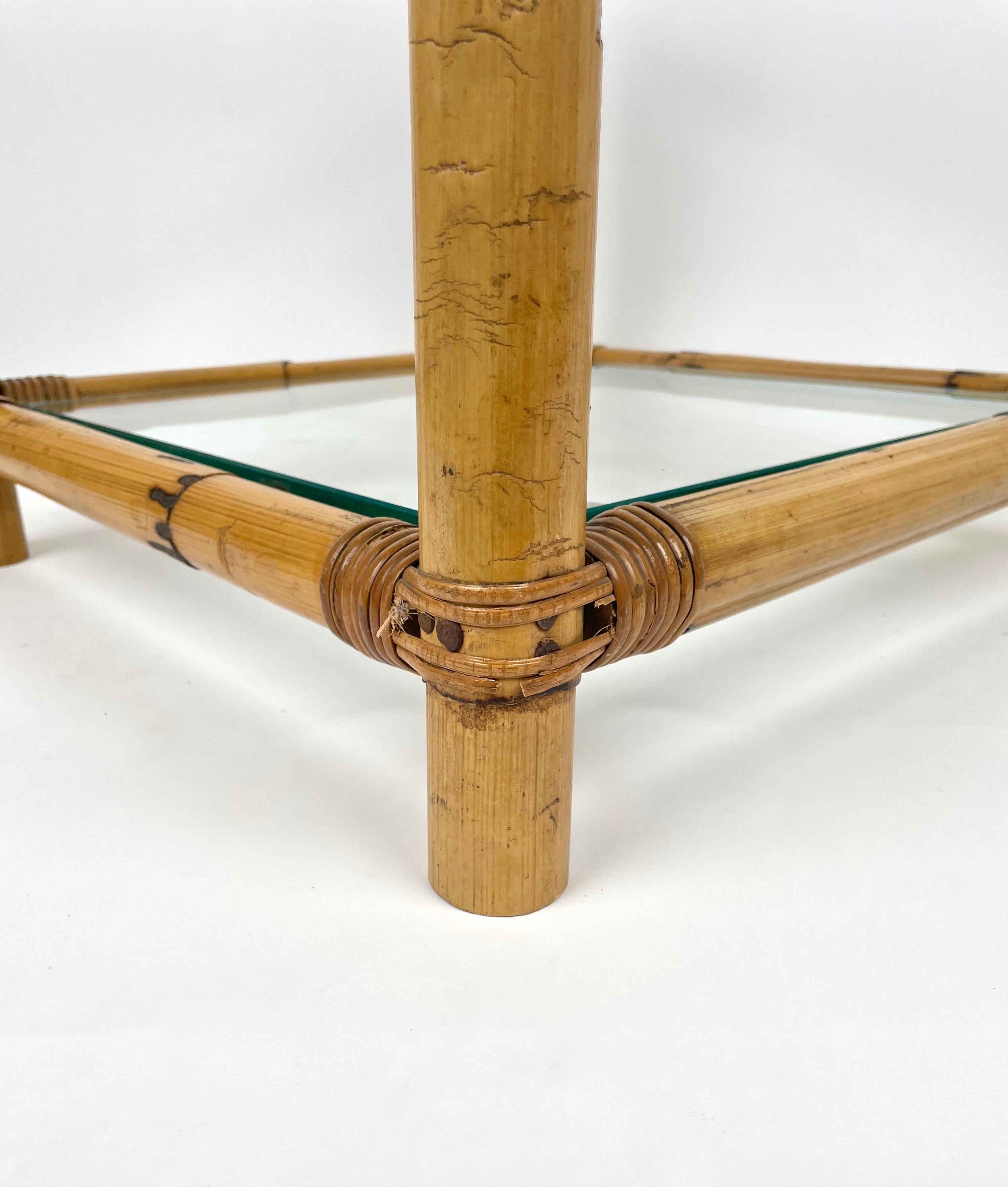 Bamboo, Glass and Brass Squared Side Table, Italy, 1970s 7