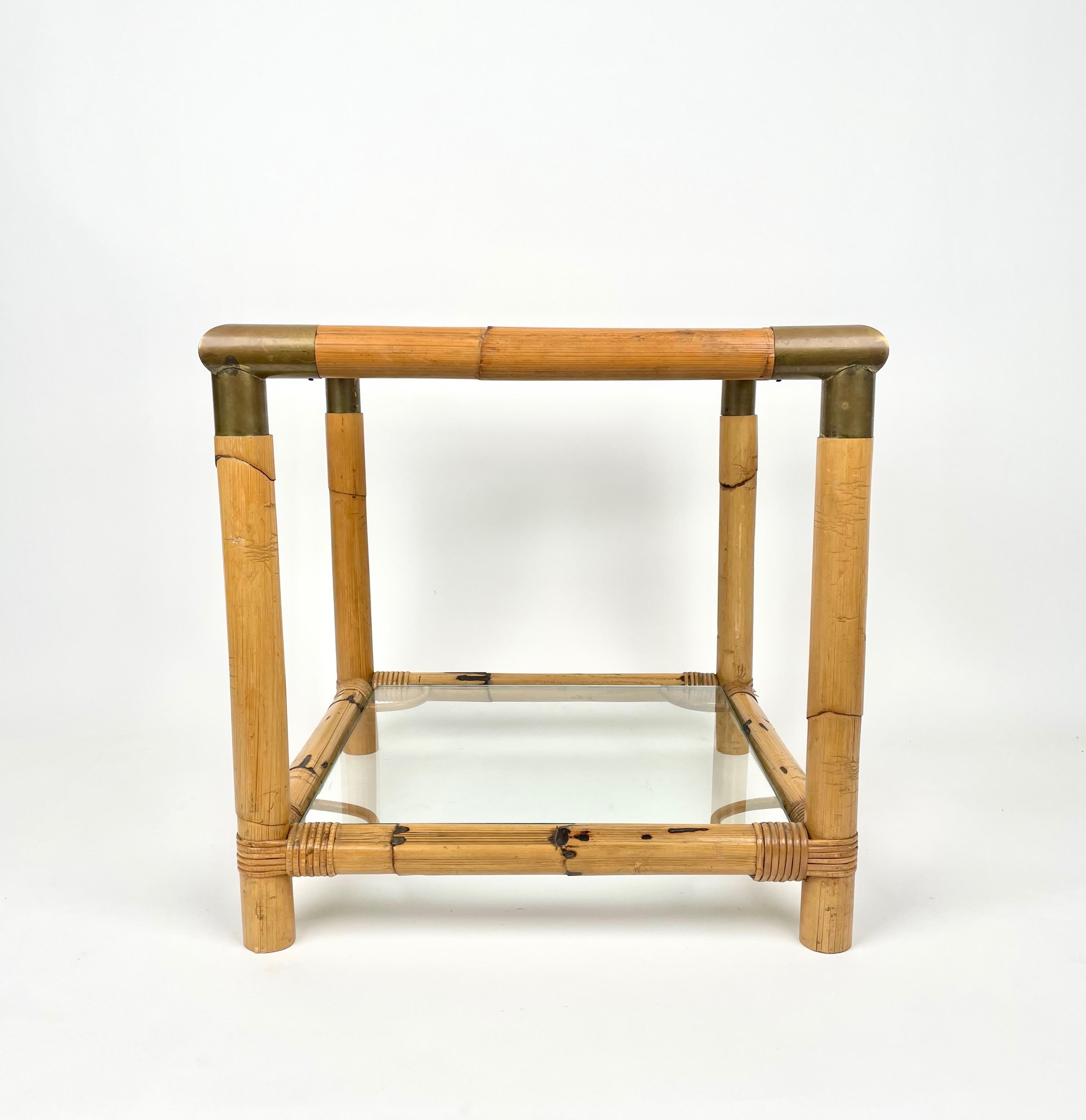 Mid-Century Modern Bamboo, Glass and Brass Squared Side Table, Italy, 1970s