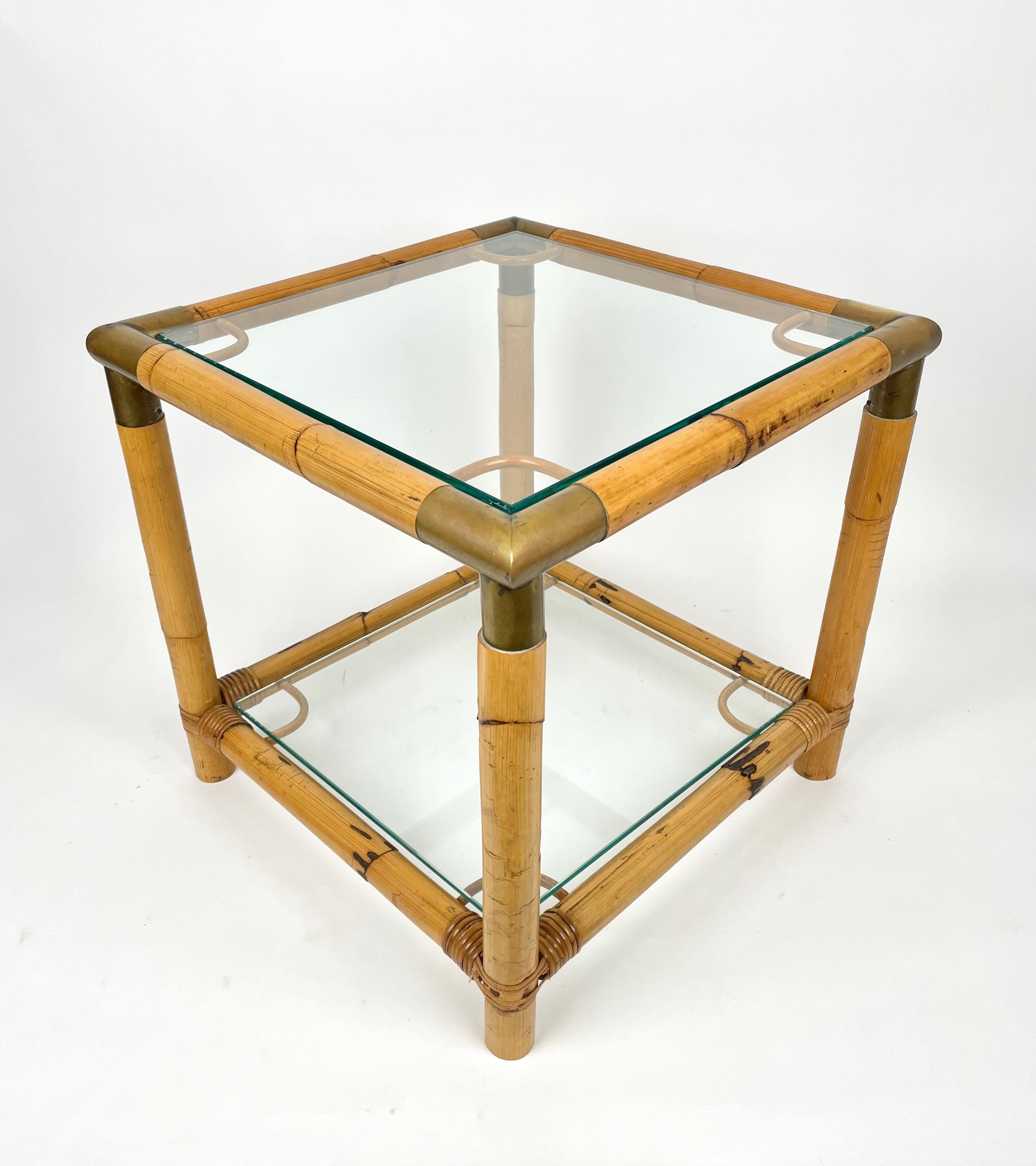 Italian Bamboo, Glass and Brass Squared Side Table, Italy, 1970s
