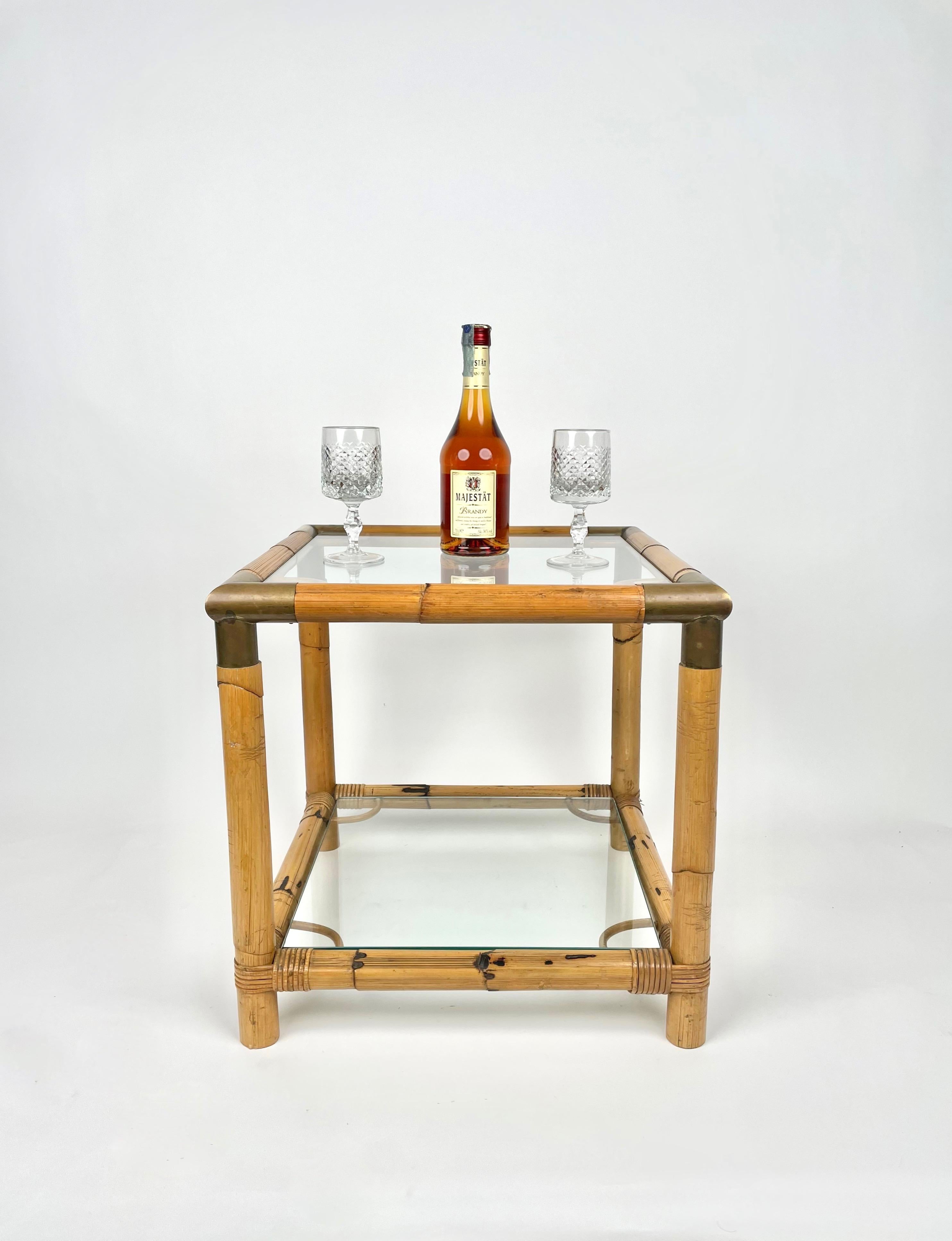 Bamboo, Glass and Brass Squared Side Table, Italy, 1970s In Good Condition In Rome, IT