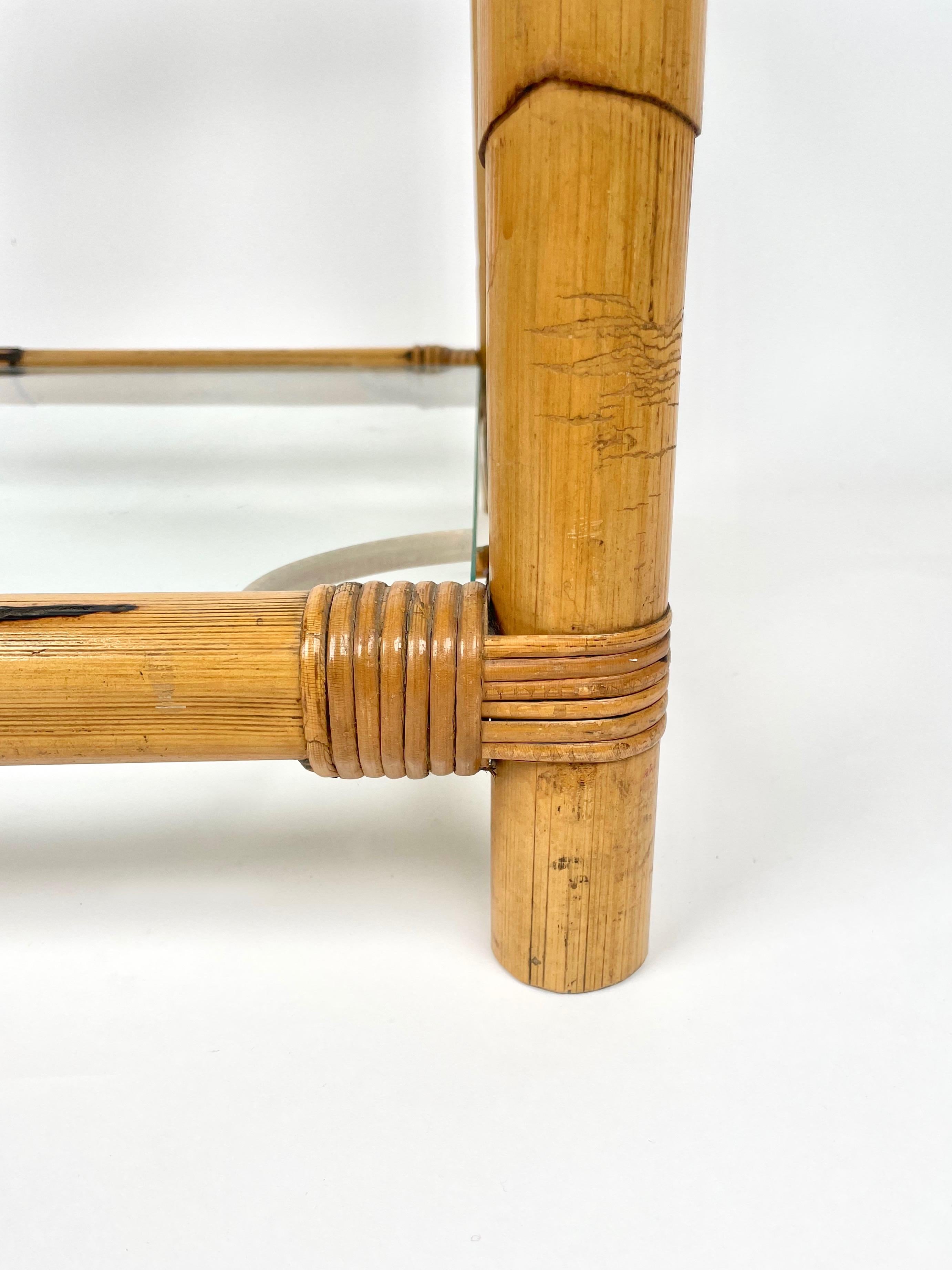 Late 20th Century Bamboo, Glass and Brass Squared Side Table, Italy, 1970s