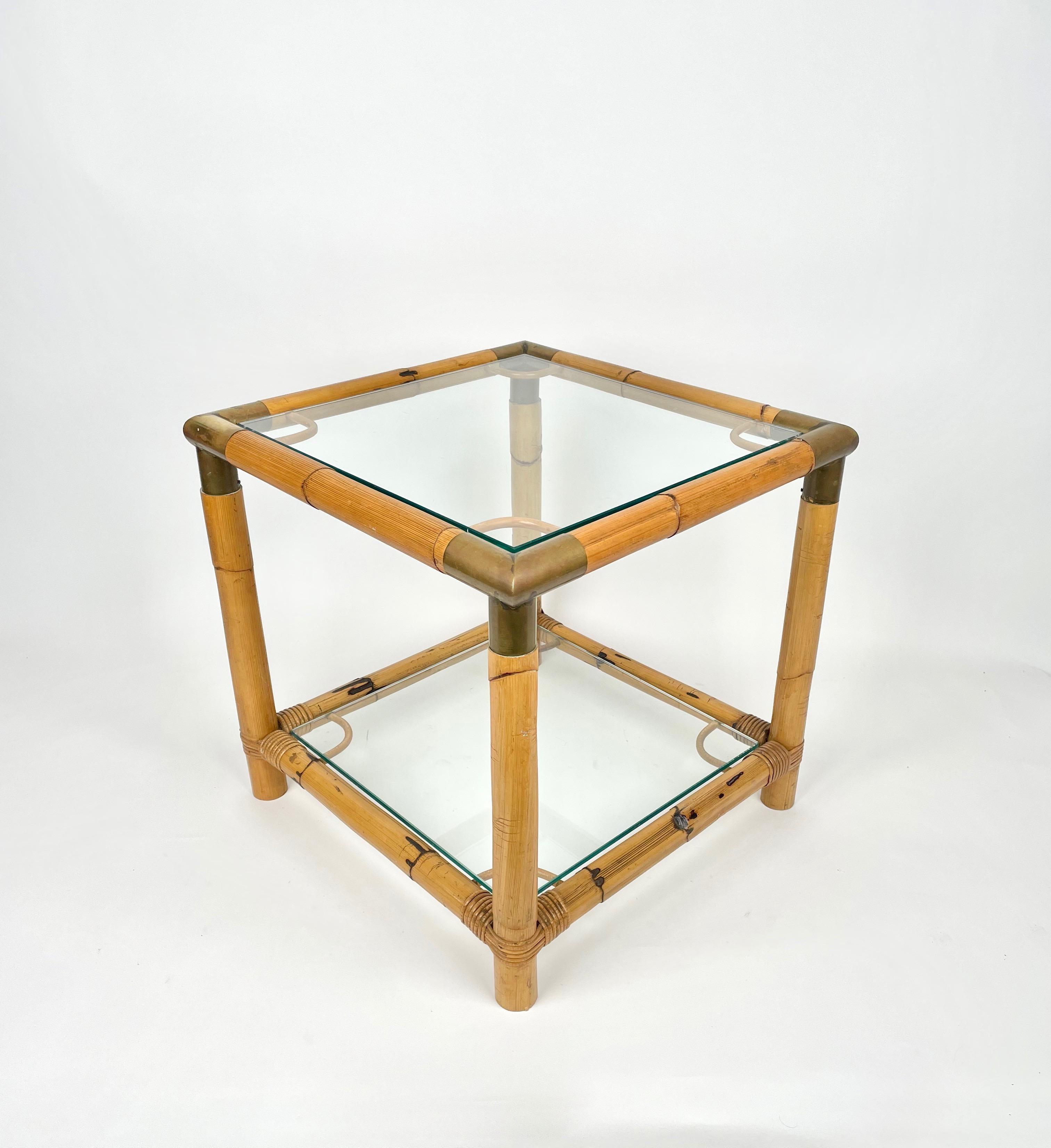 Metal Bamboo, Glass and Brass Squared Side Table, Italy, 1970s