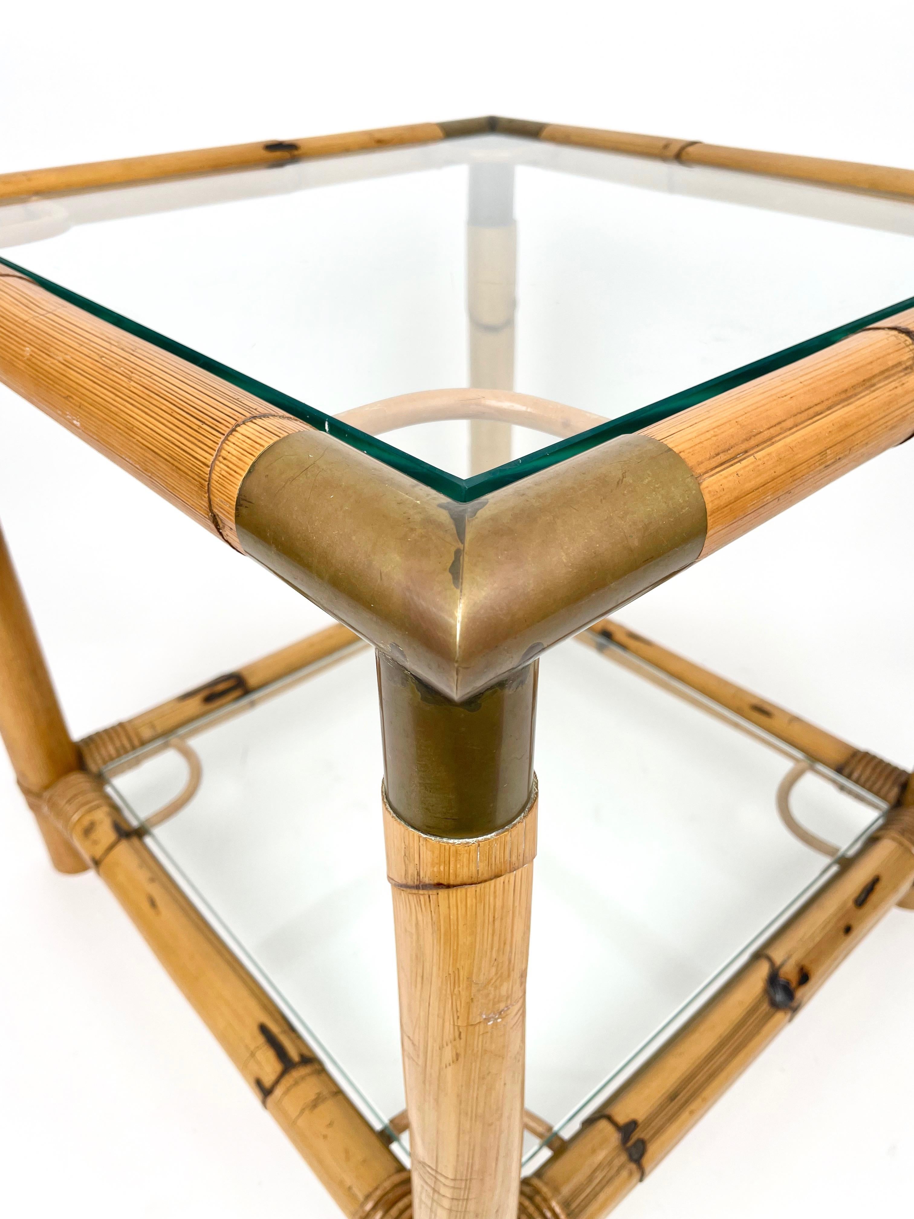 Bamboo, Glass and Brass Squared Side Table, Italy, 1970s 1