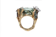Bamboo Gold Ring with Prasorite, with Diamonds Pavé Butterfly and Dragonfly