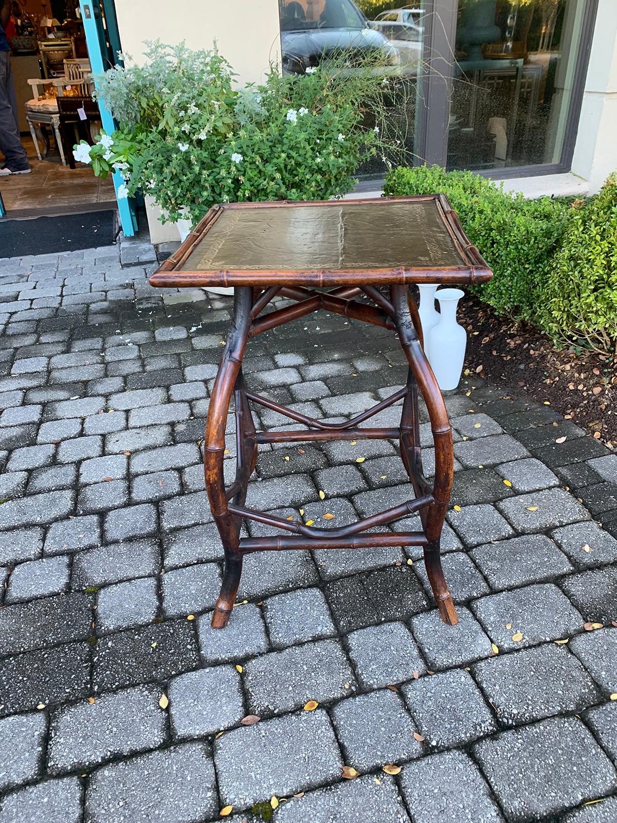 Bamboo and Green Leather Top Square Side Table 7