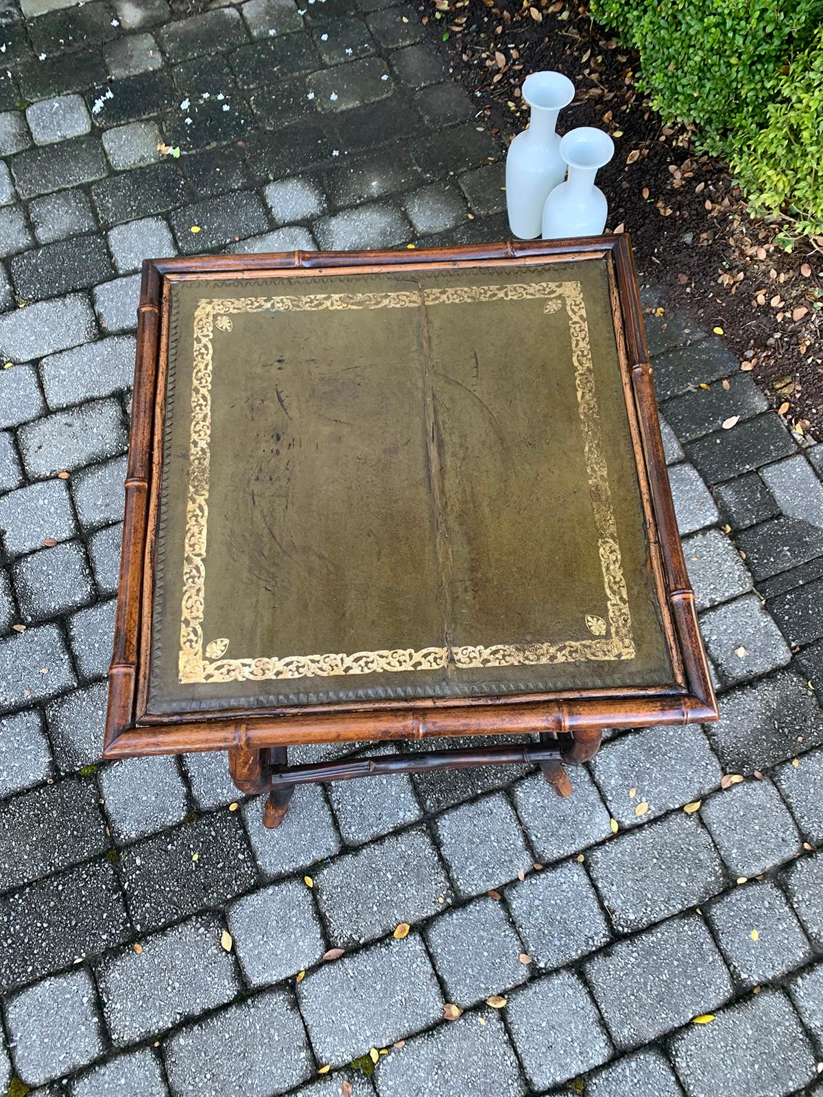 Bamboo and Green Leather Top Square Side Table In Good Condition In Atlanta, GA