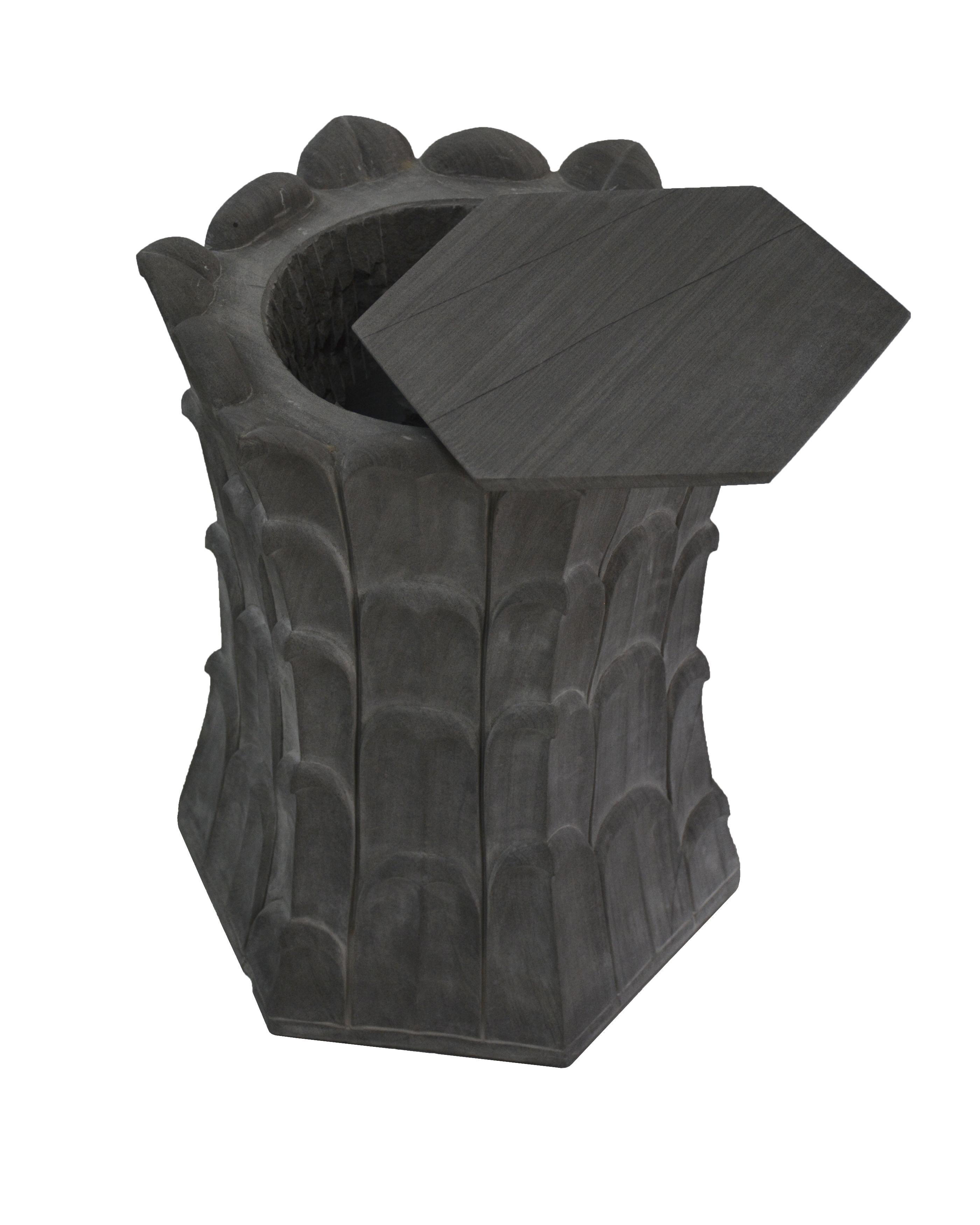 Inspired by the temple carvings in and around Udaipur, Stephanie Odegard designed this unique side table using locally available stones. The arrangement of the carved leaf motif gives the impression of a dense Bamboo Grove. The available options for