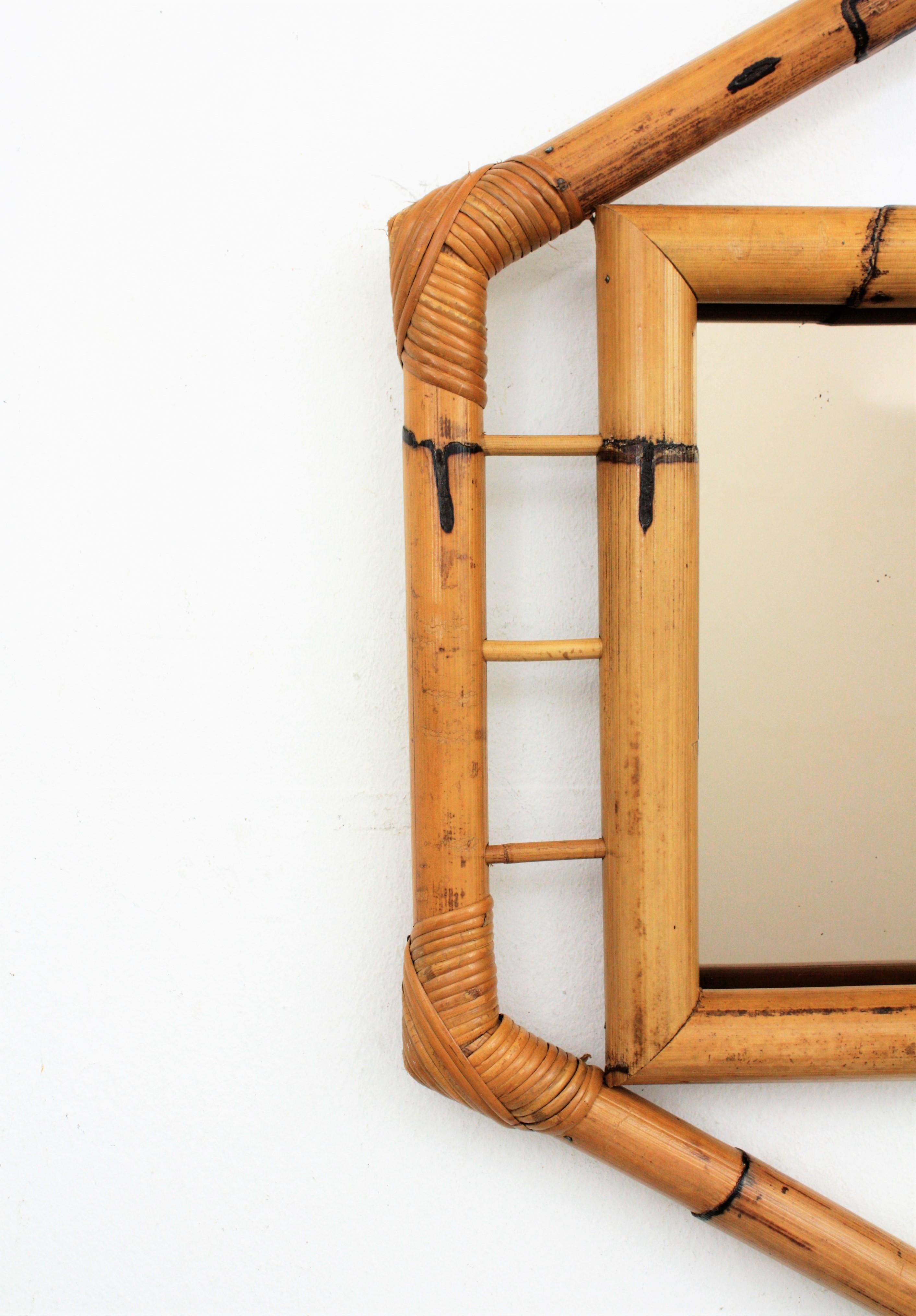 Bamboo Hexagonal Mirror with Smoked Glass, France, 1950s For Sale 5
