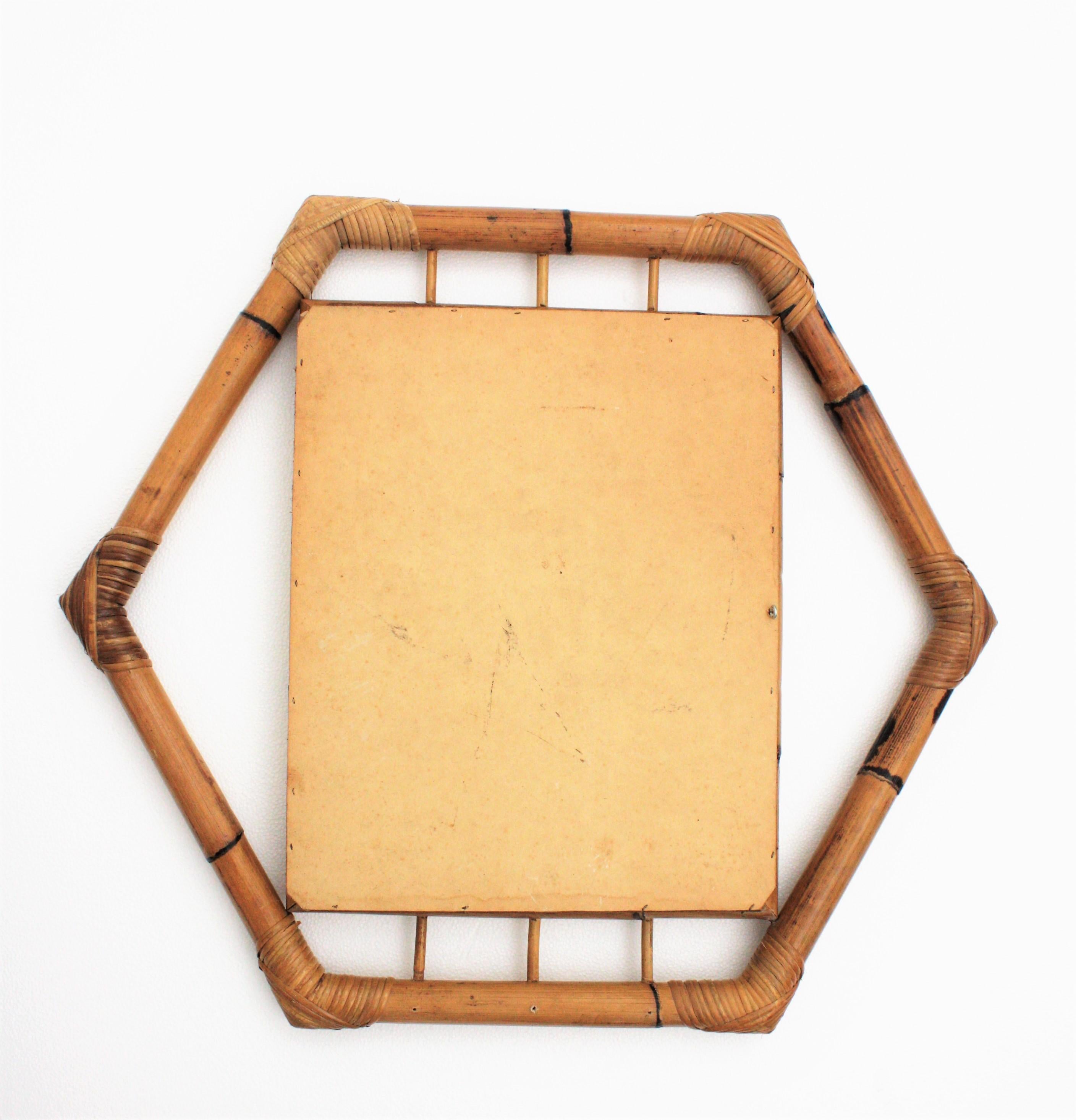 Bamboo Hexagonal Mirror with Smoked Glass, France, 1950s For Sale 7