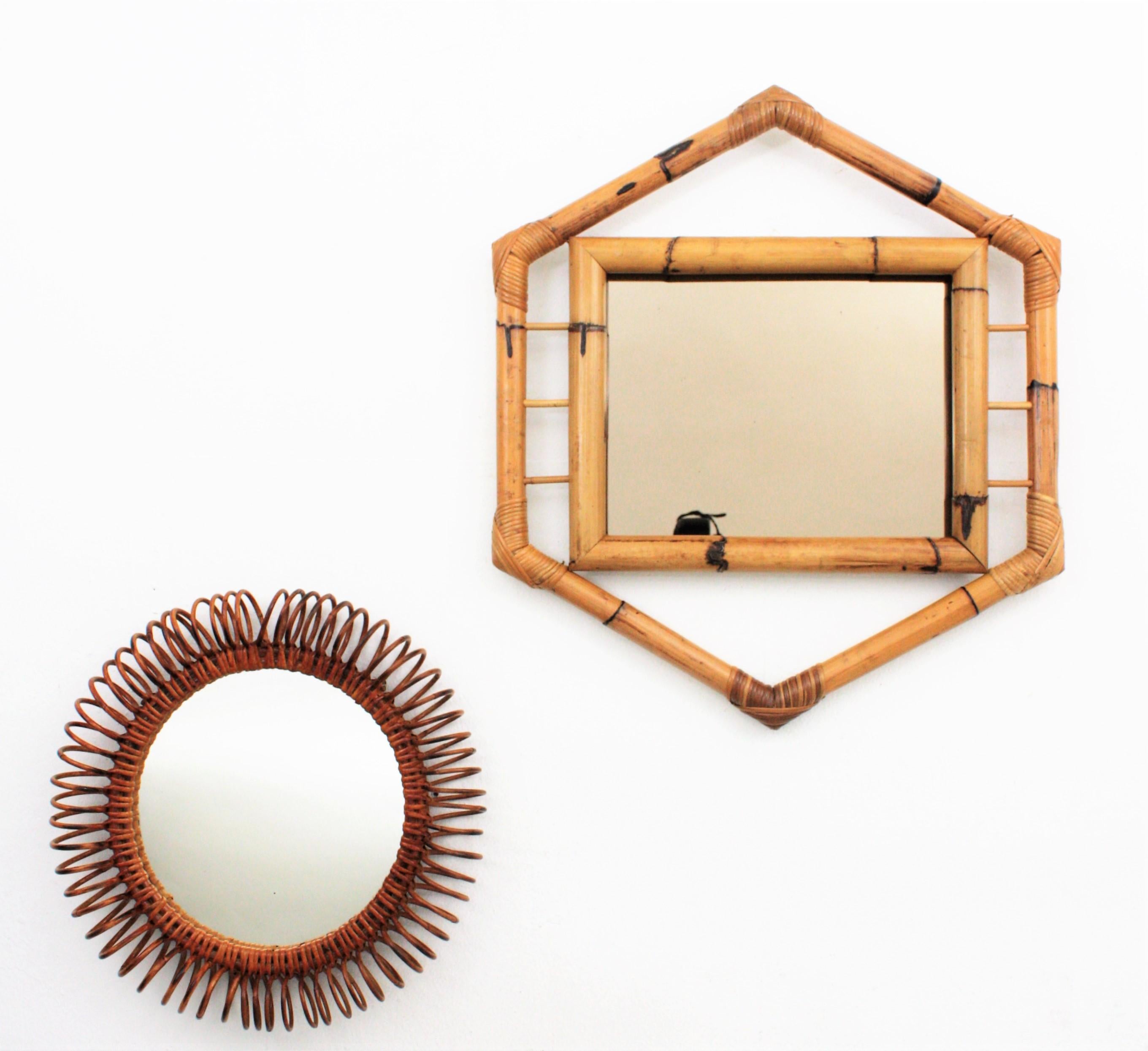 French Bamboo Hexagonal Mirror with Smoked Glass, France, 1950s For Sale
