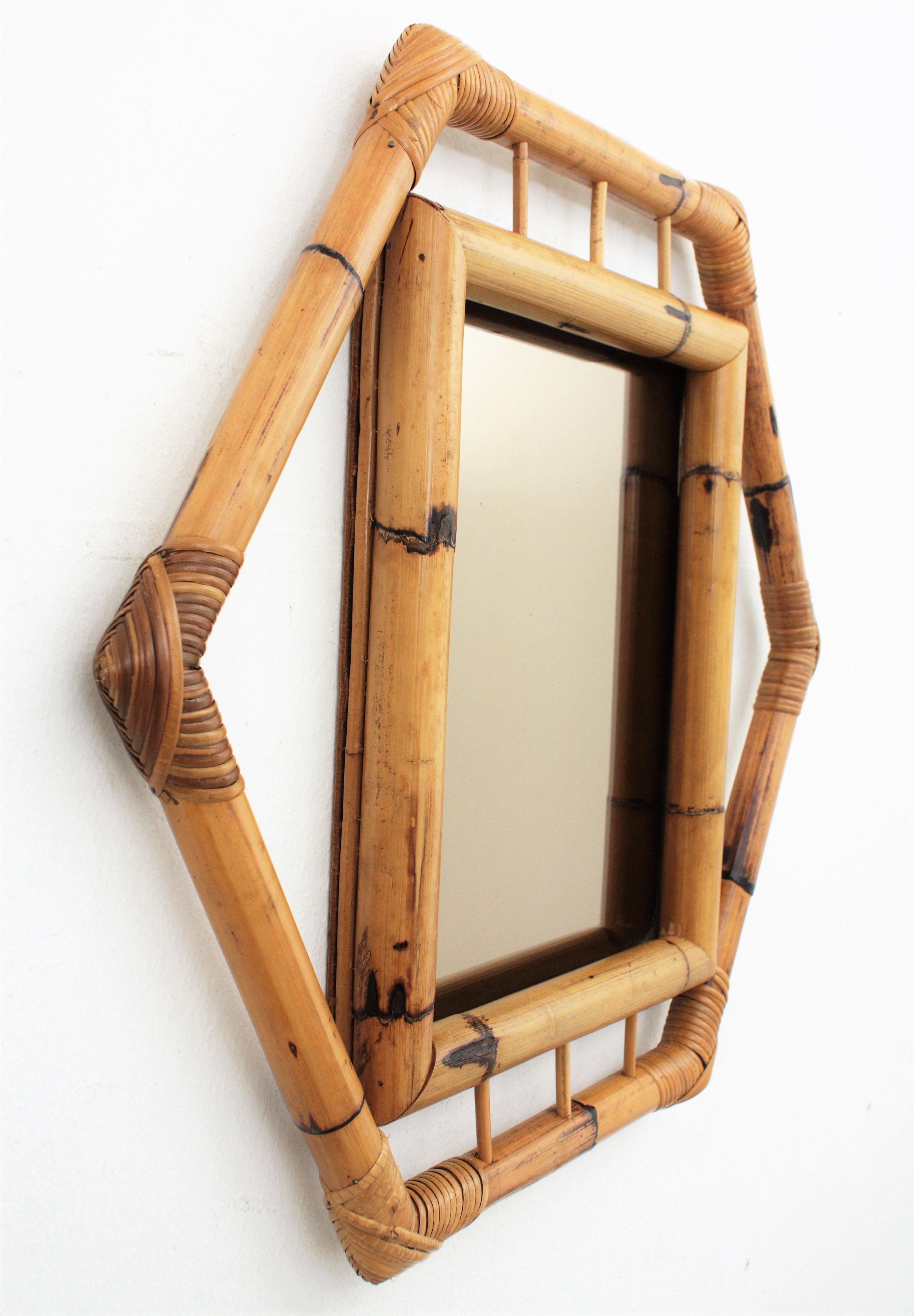 20th Century Bamboo Hexagonal Mirror with Smoked Glass, France, 1950s For Sale