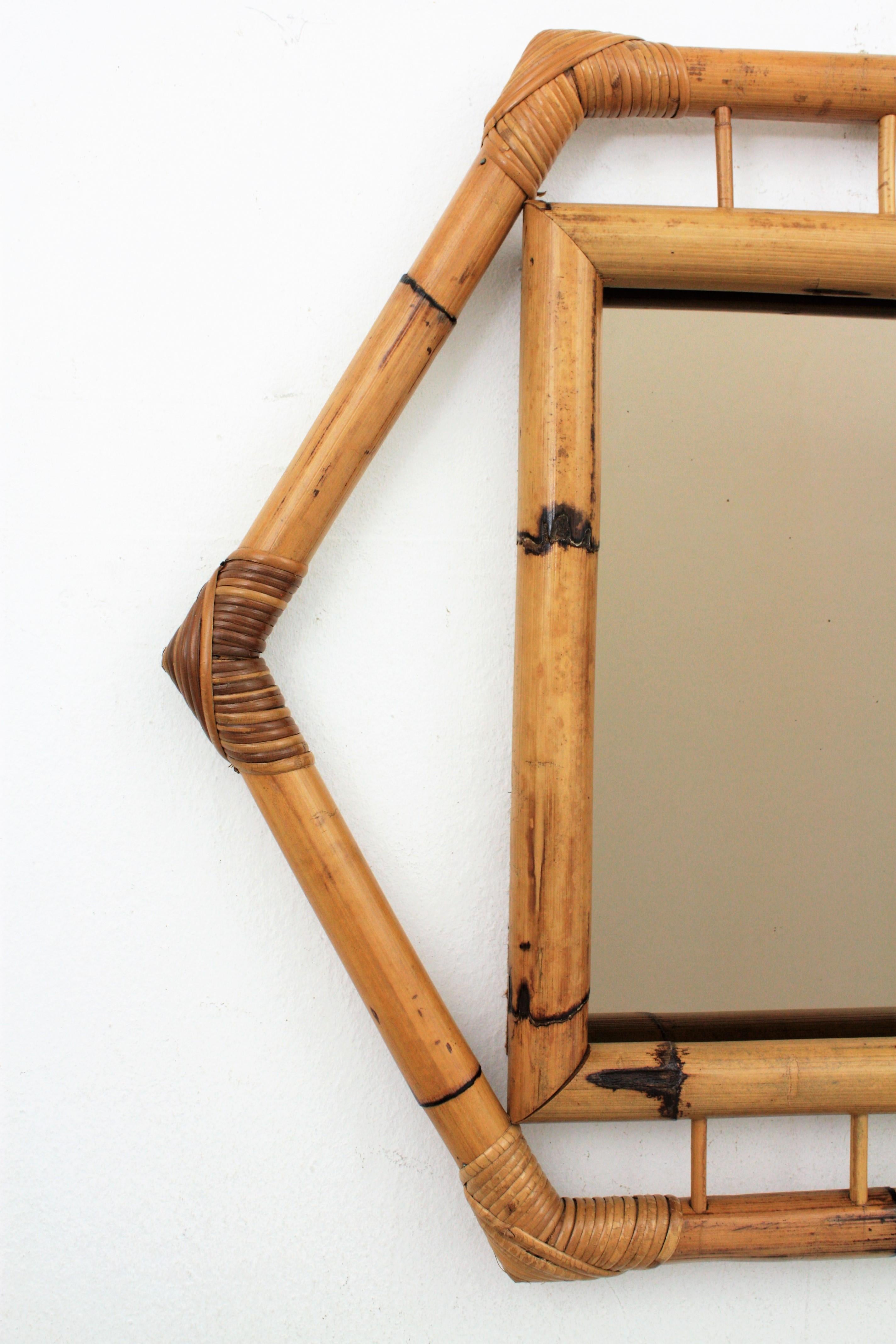 Bamboo Hexagonal Mirror with Smoked Glass, France, 1950s For Sale 1