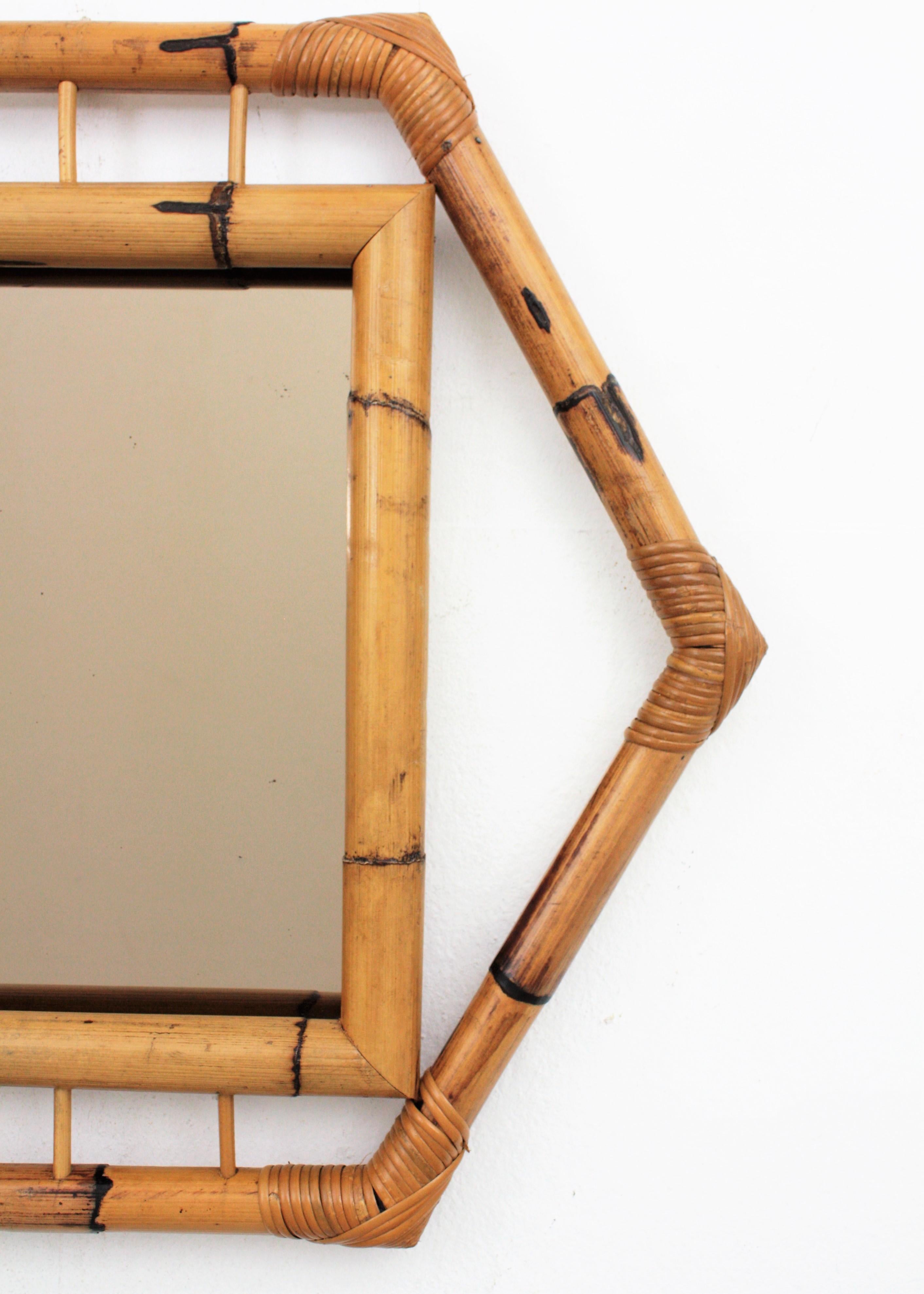 Bamboo Hexagonal Mirror with Smoked Glass, France, 1950s For Sale 2