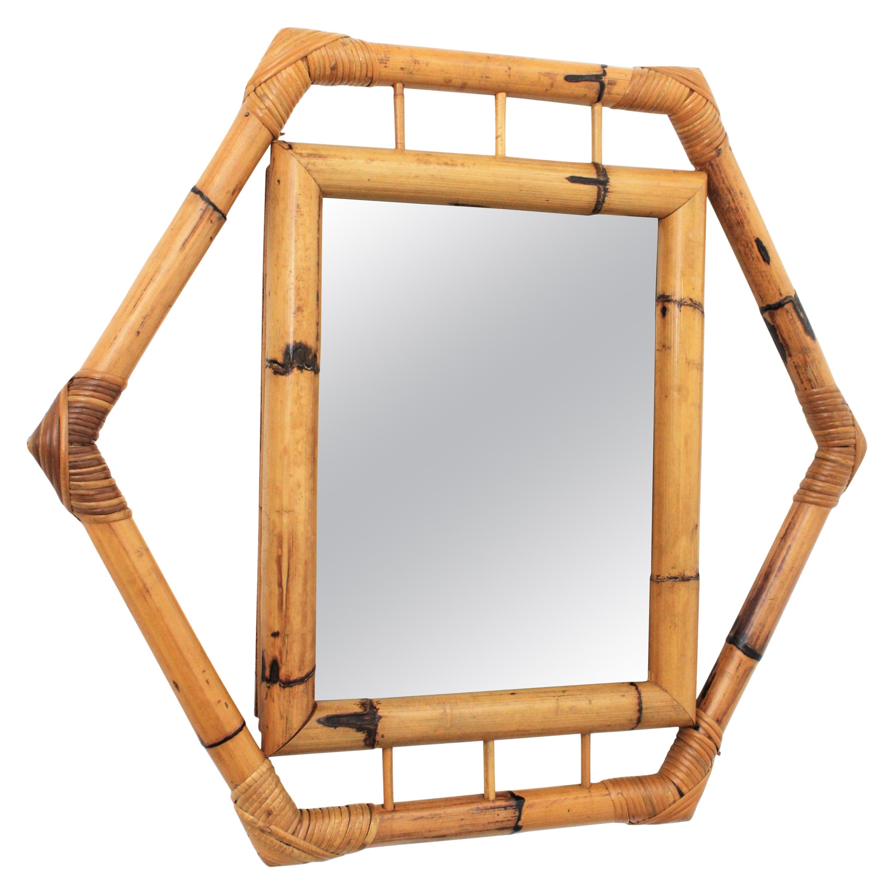 Bamboo Hexagonal Mirror with Smoked Glass, France, 1950s For Sale