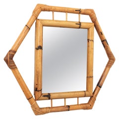 Bamboo Hexagonal Mirror with Smoked Glass, France, 1950s