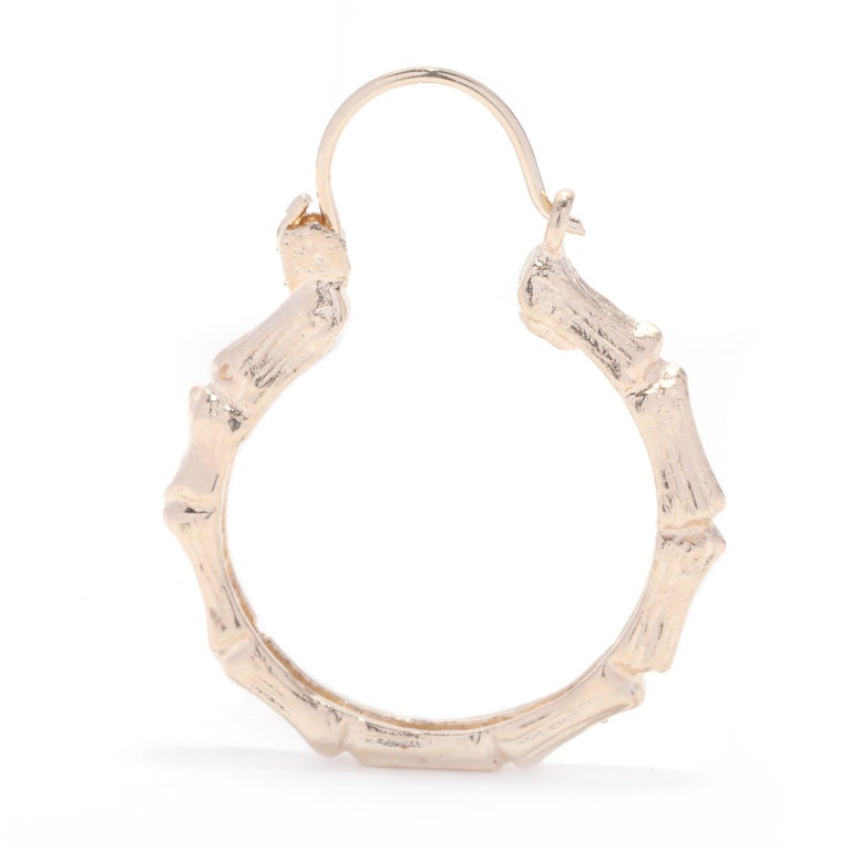 Bamboo Hoop Earrings, 14K Yellow Gold, Small Bamboo Hoop For Sale at