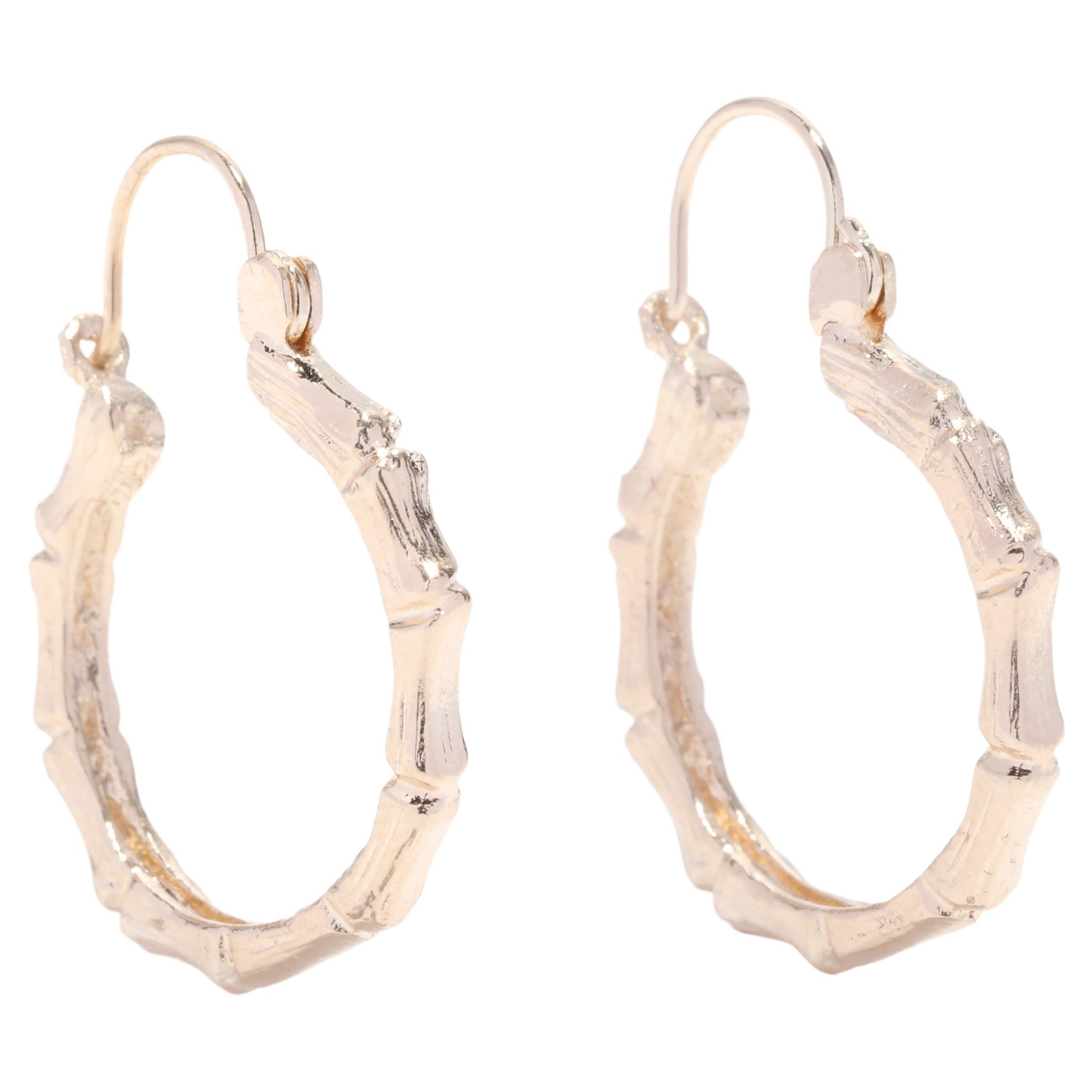 Gold Bamboo Hoop Earrings, 14K Gold, Bamboo Tube Hoops, Small Gold Hoops For Sale at 1stDibs