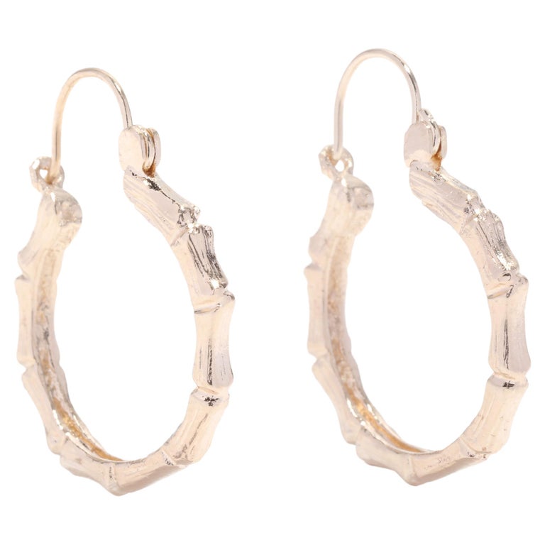 Bamboo Hoop Earrings, 14K Yellow Gold, Small Bamboo Hoop For Sale at