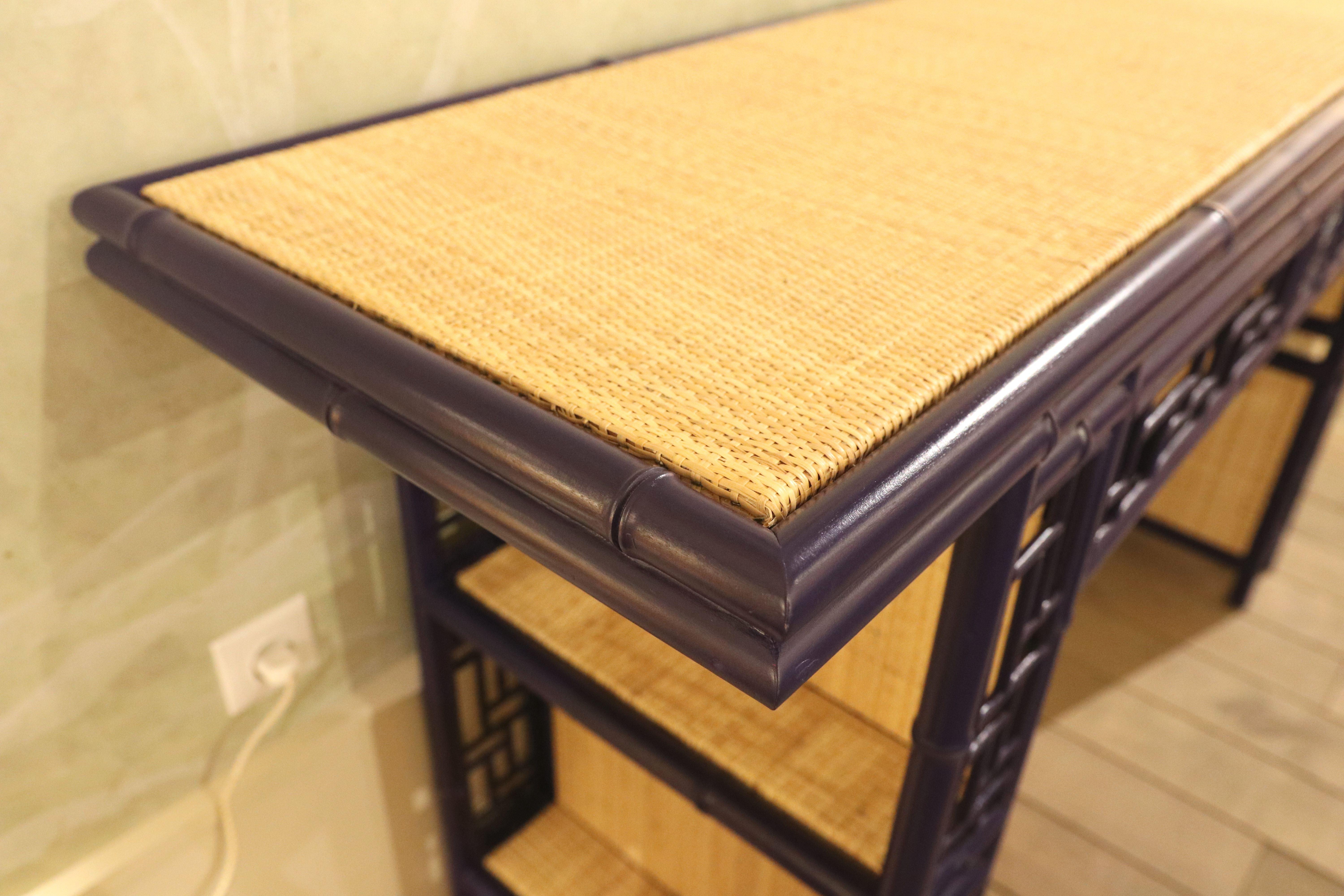 Bamboo Imitation Wood Console with Raffia Top and Sides For Sale 8