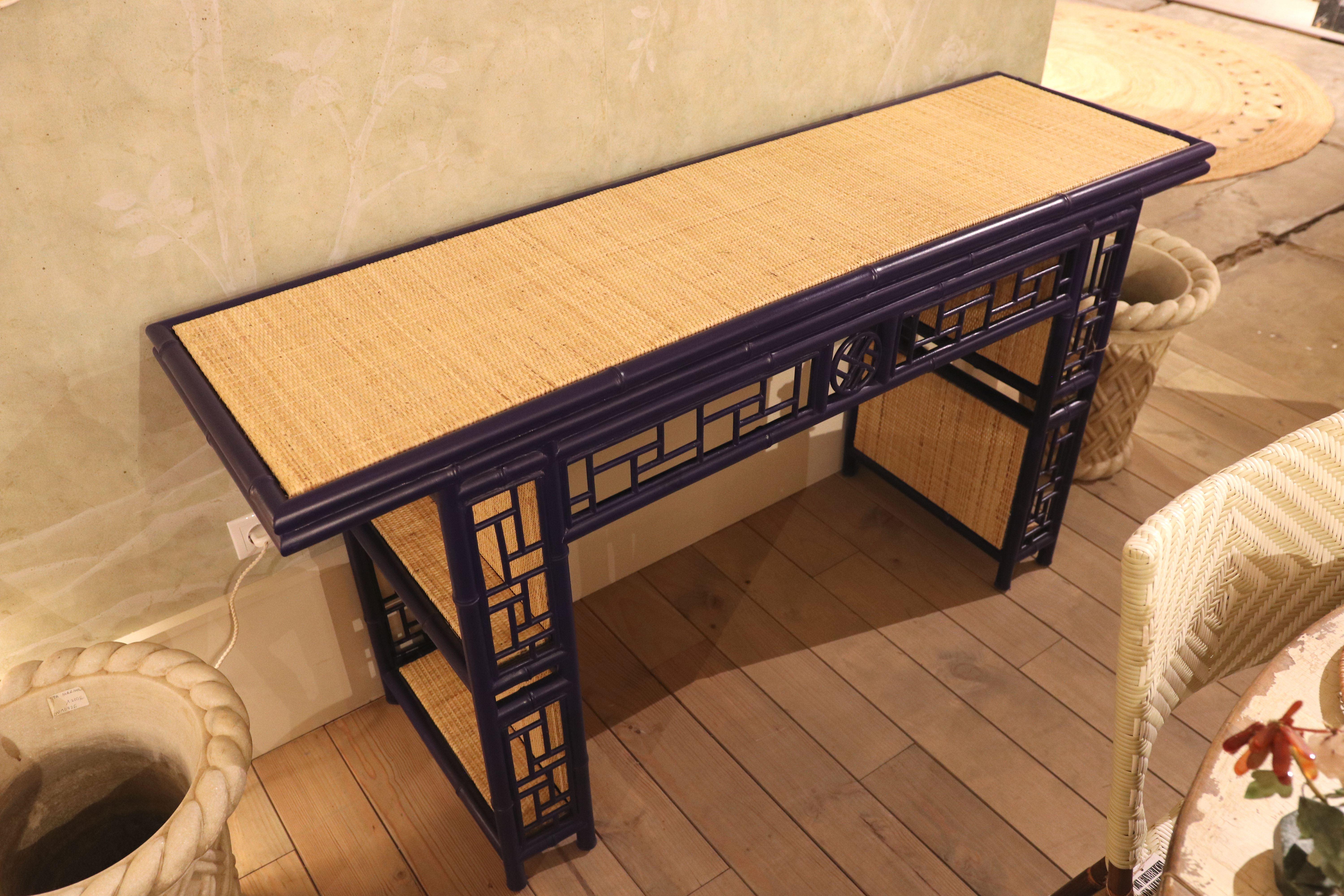 Bamboo Imitation Wood Console with Raffia Top and Sides For Sale 9