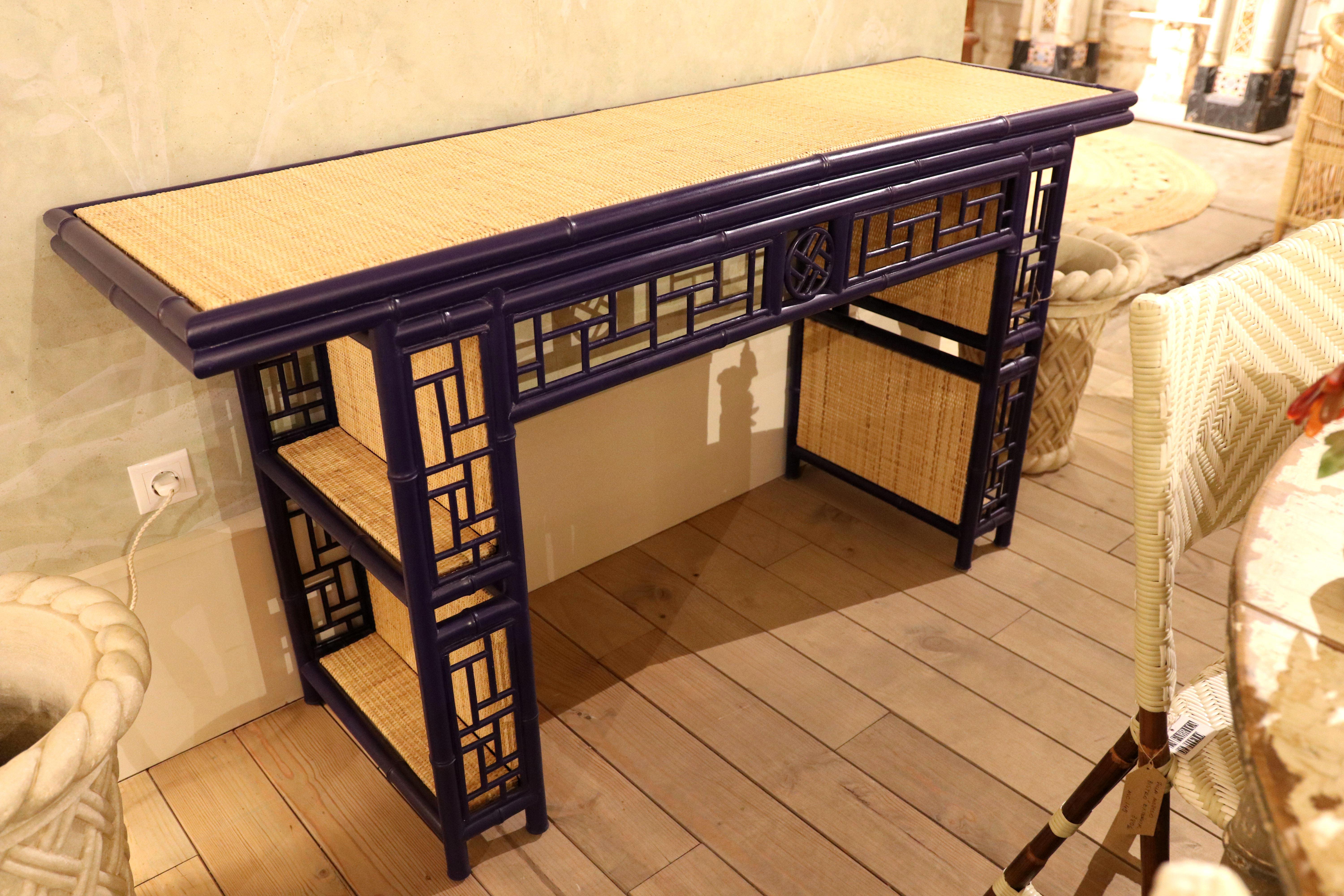 Bamboo Imitation Wood Console with Raffia Top and Sides For Sale 10