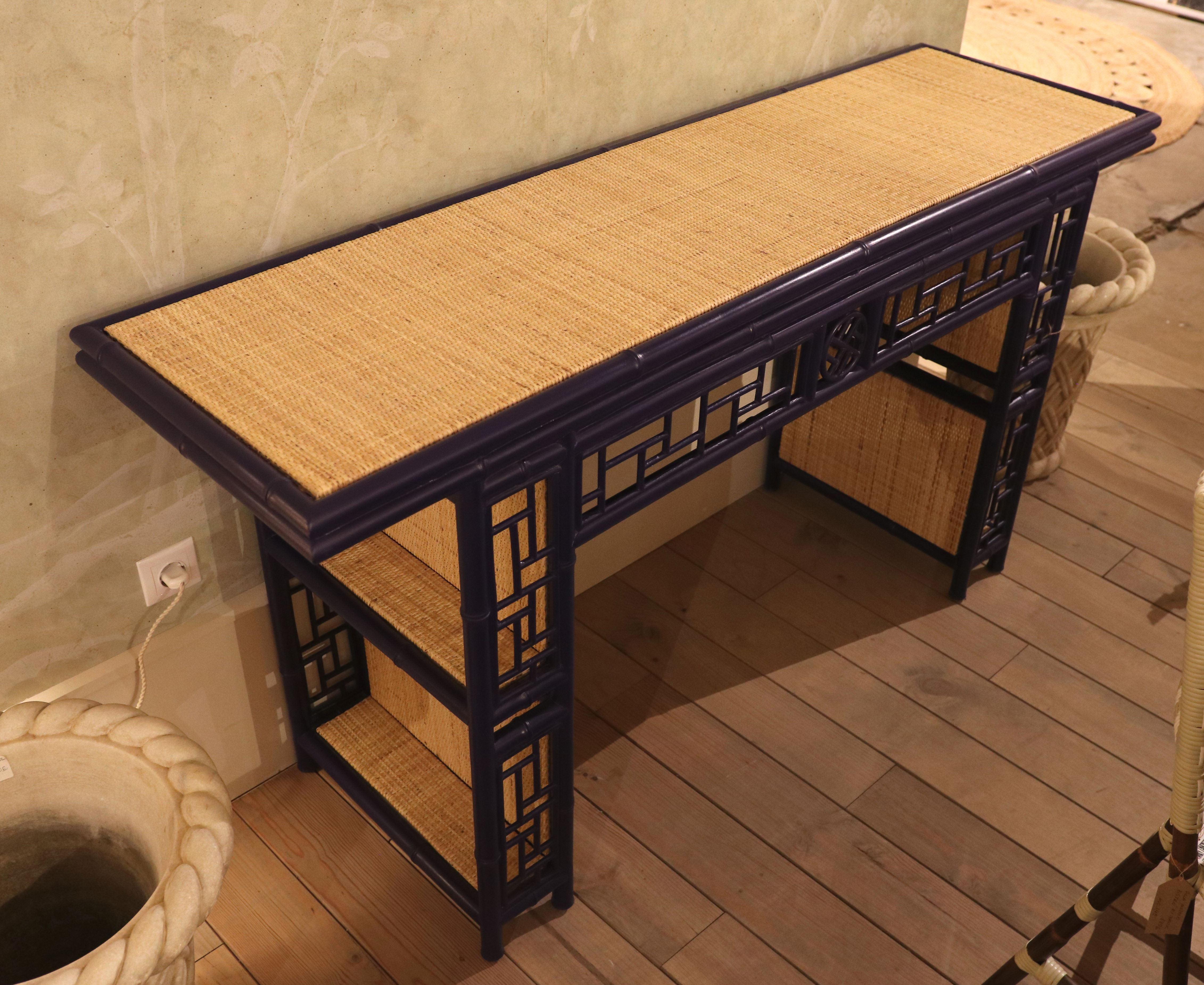 European Bamboo Imitation Wood Console with Raffia Top and Sides For Sale