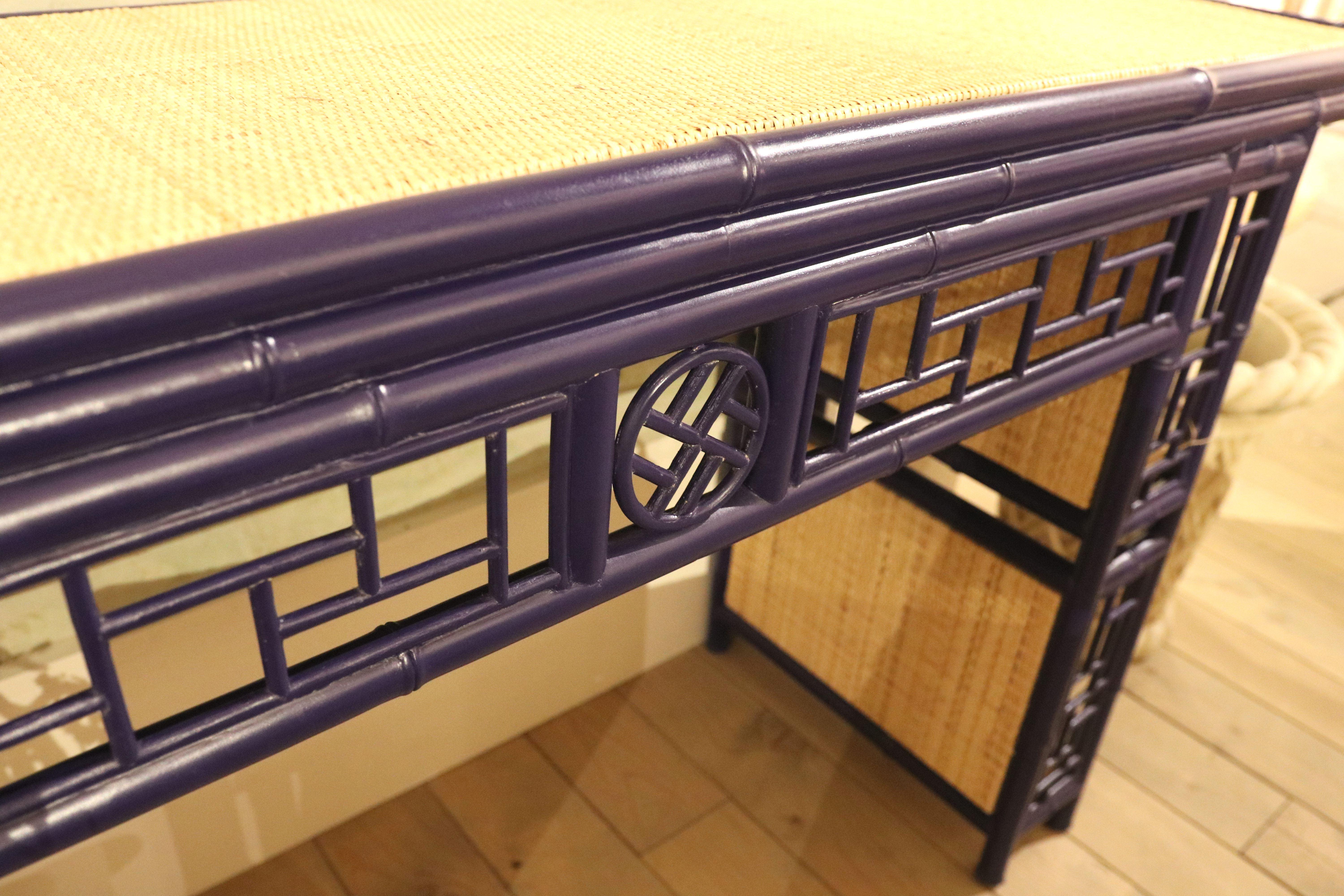 20th Century Bamboo Imitation Wood Console with Raffia Top and Sides For Sale