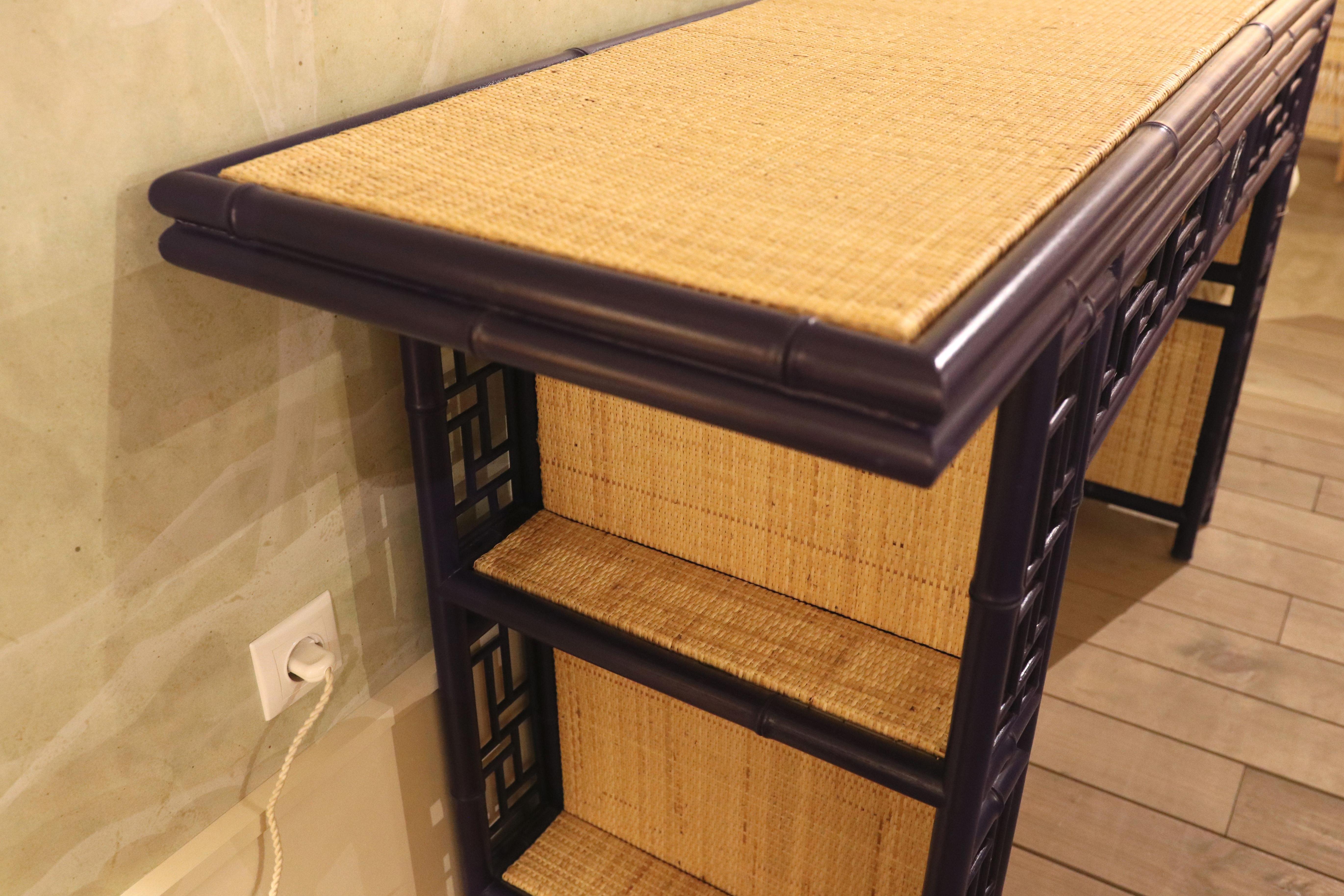 Bamboo Imitation Wood Console with Raffia Top and Sides For Sale 2