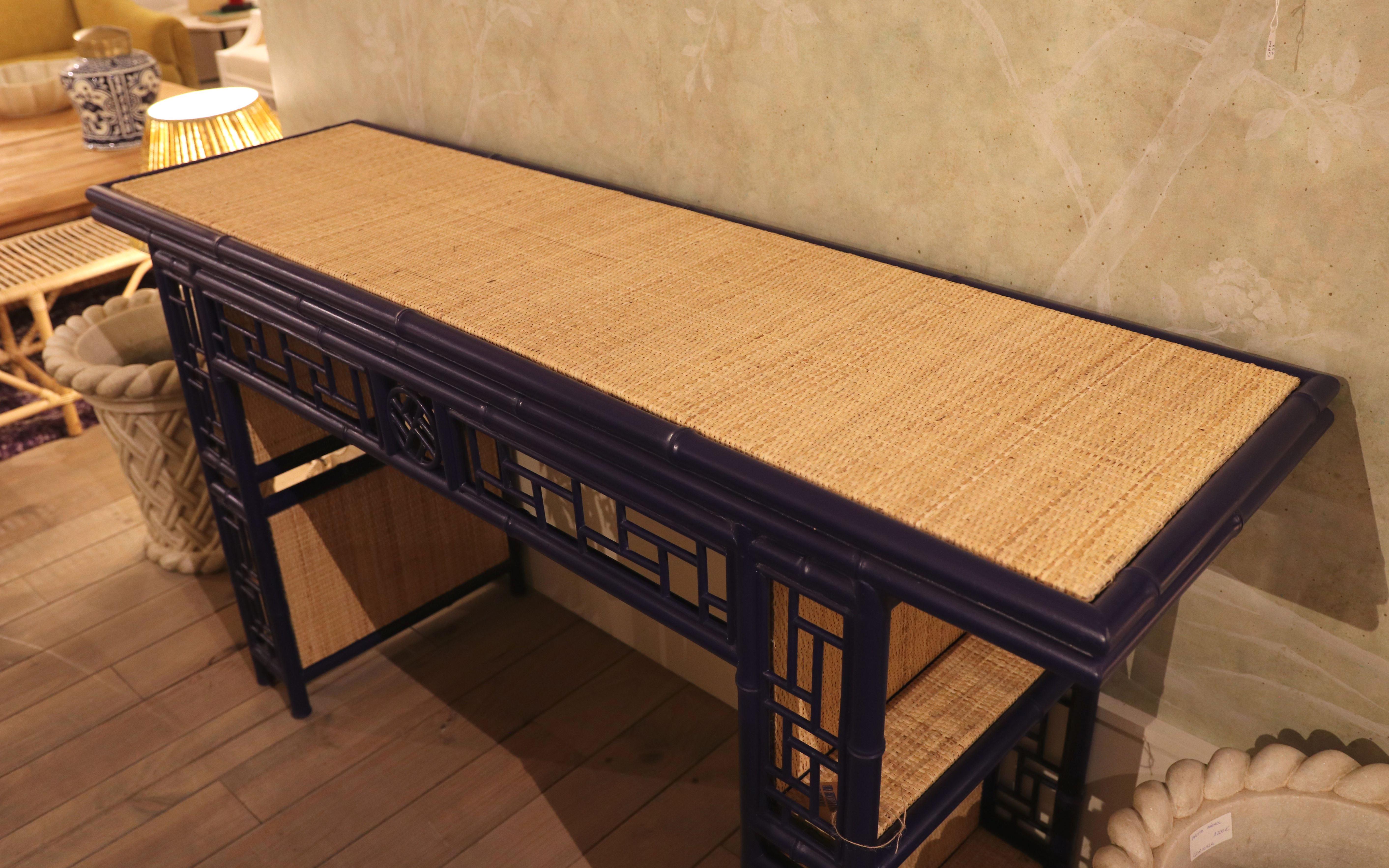Bamboo Imitation Wood Console with Raffia Top and Sides For Sale 3