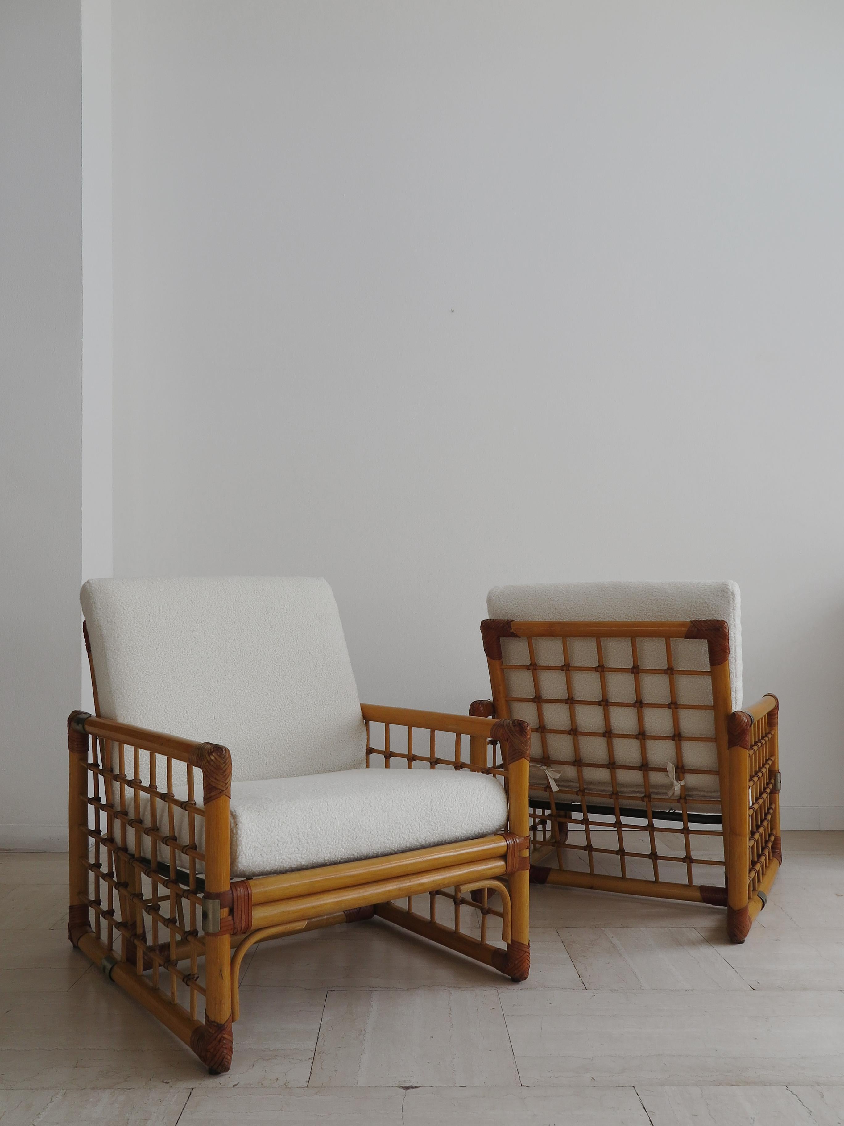Post-Modern Bamboo, Indian Cane and Frabric Italian Armchairs, 1970s For Sale