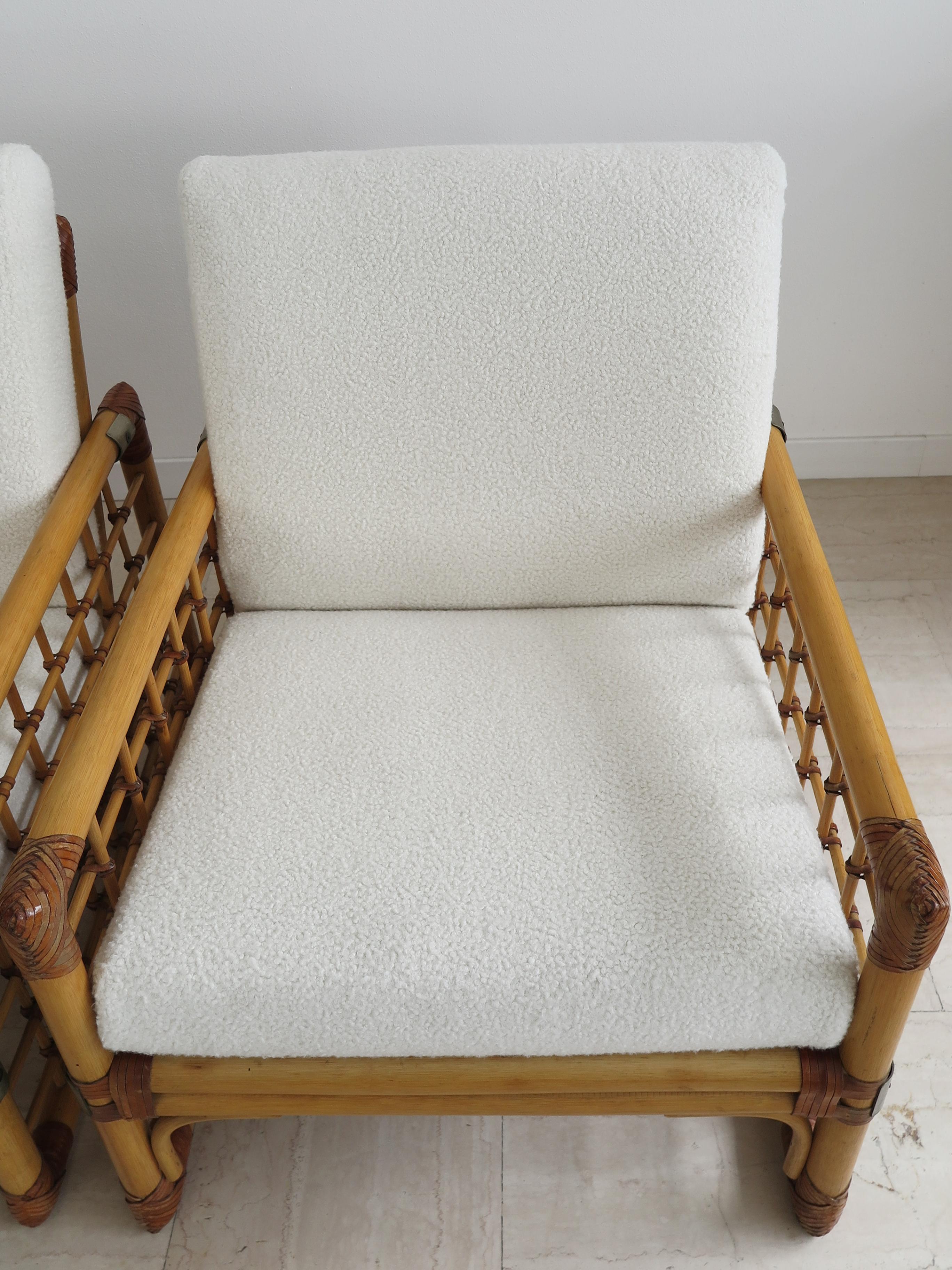 Late 20th Century Bamboo, Indian Cane and Frabric Italian Armchairs, 1970s For Sale