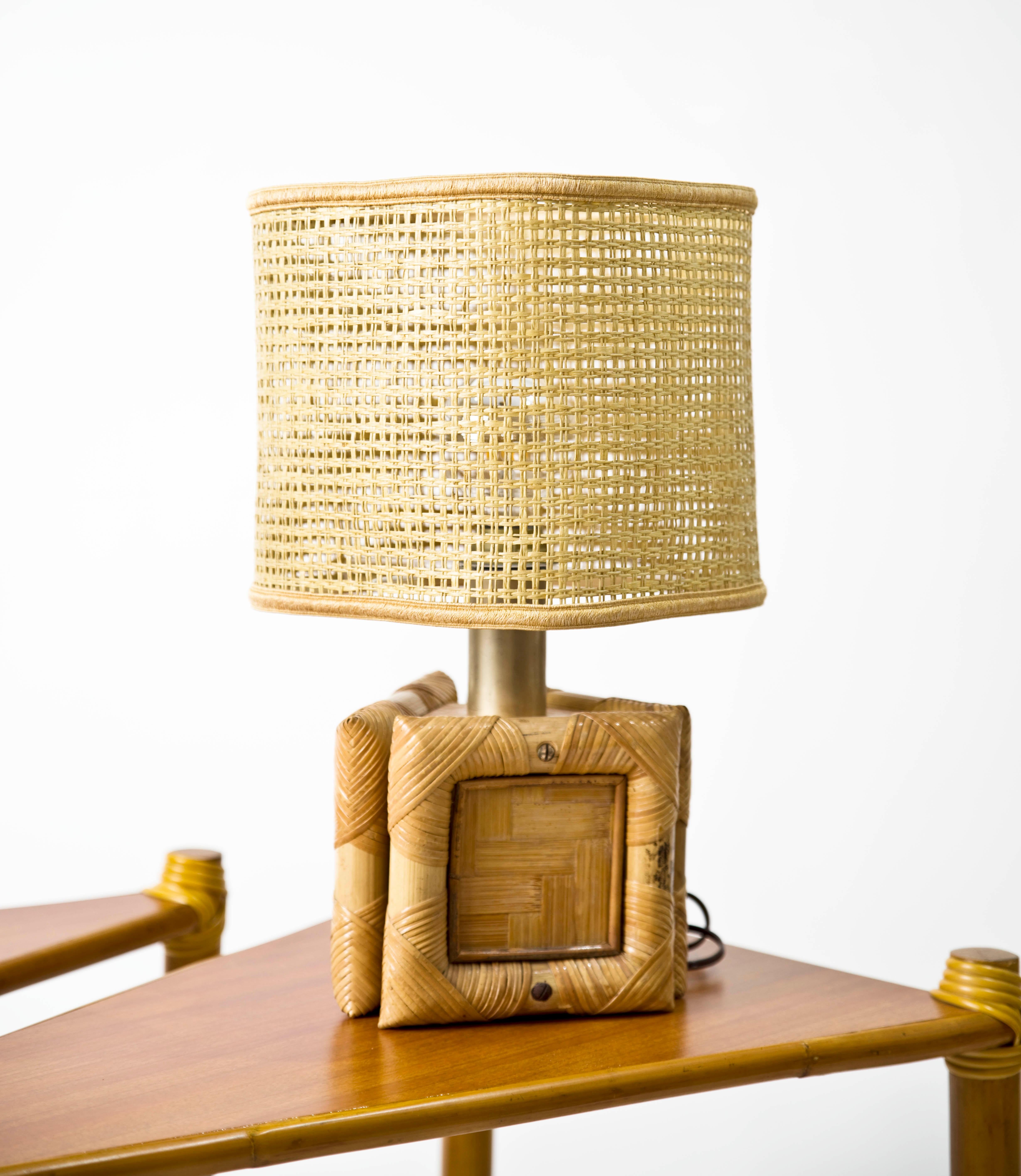 Pair of Italian table lamps circa 1970s bamboo, vienna straw. Good vintage condition.