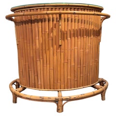 Bamboo Kidney Shaped Tiki Bar and 2 Red Seats Stools Midcentury Modern