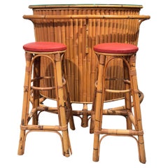 Bamboo Kidney Shaped Tiki Bar and 2 Red Seats Stools Midcentury Modern