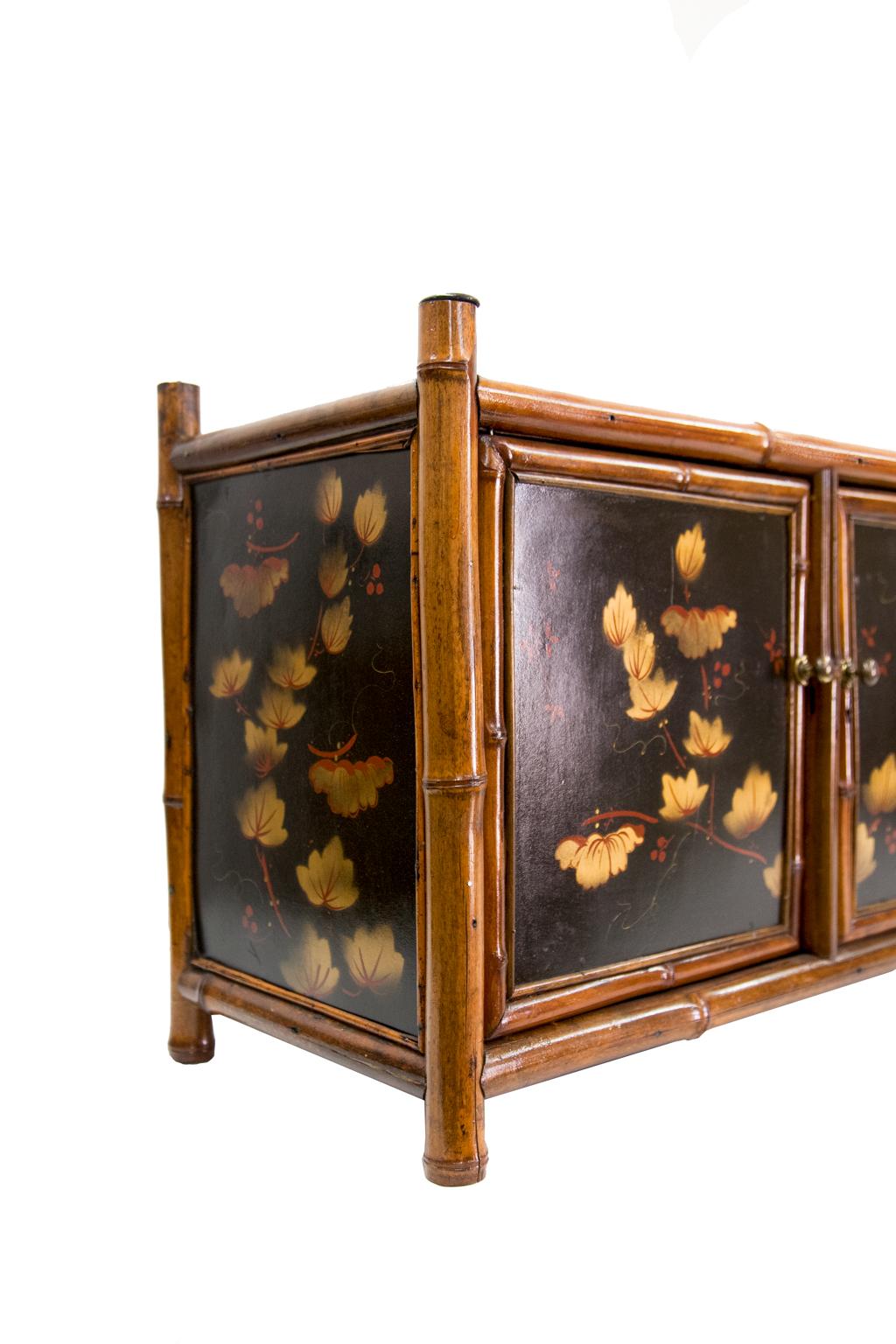 Hand-Painted Bamboo Lacquer Three-Door Cabinet For Sale