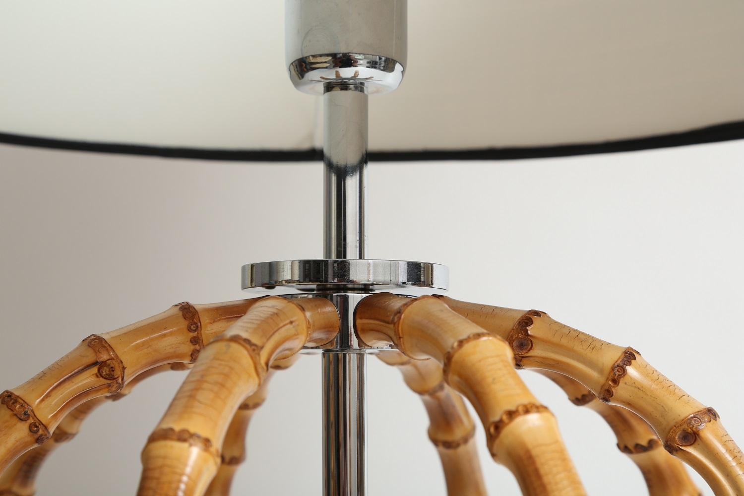 Moderno Lampada in bambù con base cromata e doppio paralume in paglia di Riviere, Italy in vendita