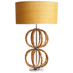 Lampada in bambù con base cromata e doppio paralume in paglia di Riviere, Italy