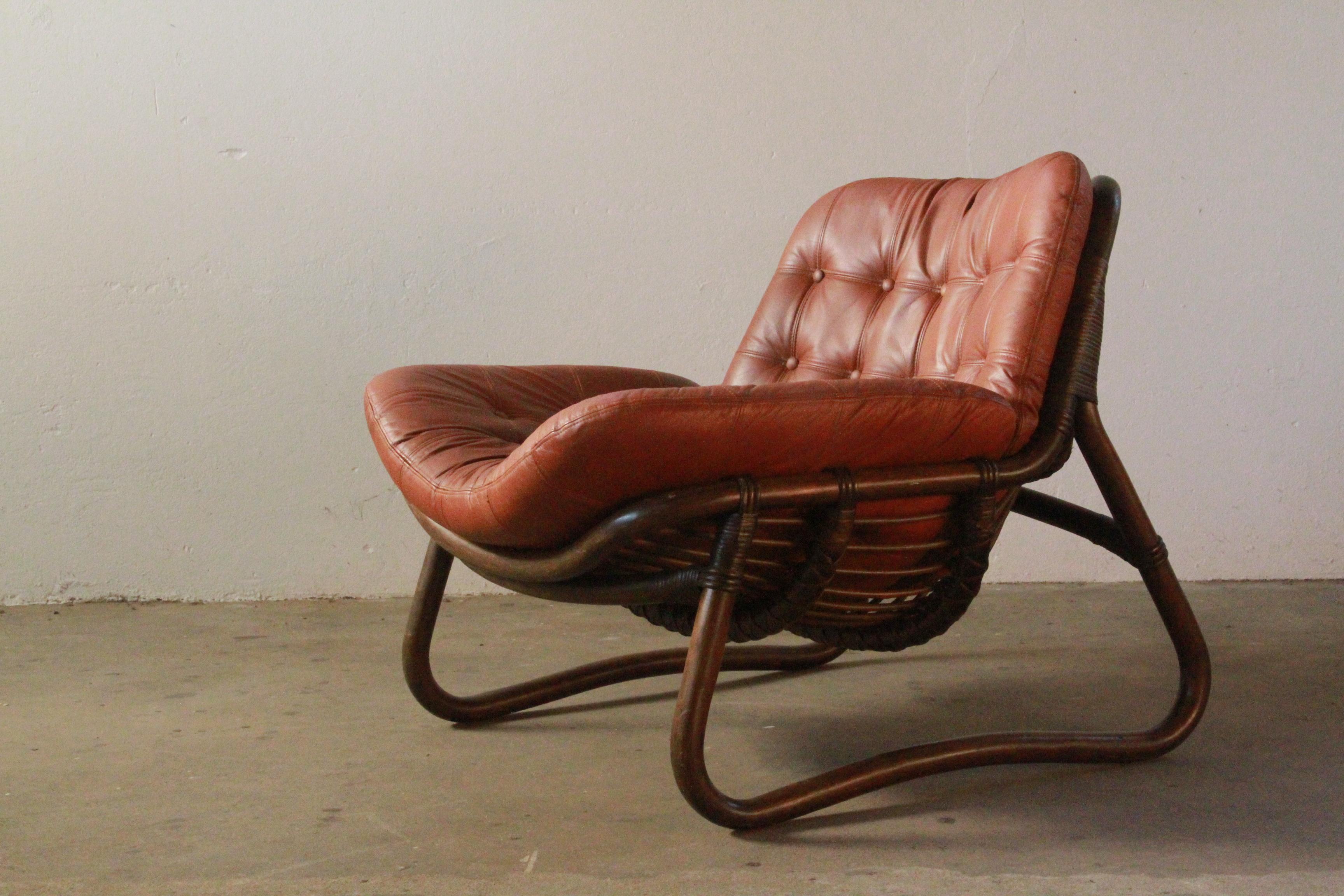 Bamboo & Leather Lounge Chairs, Denmark, 1970s 4