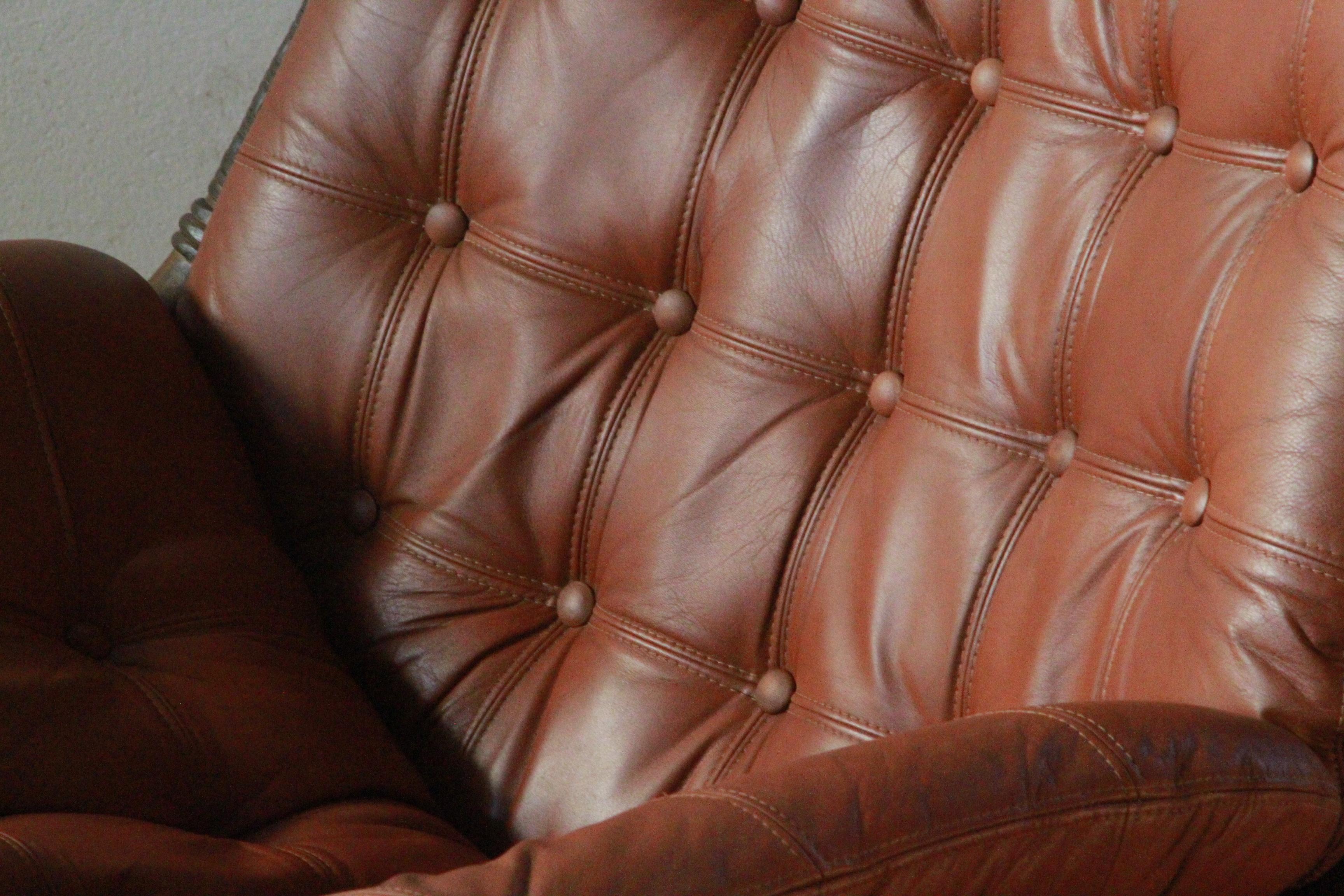 Bamboo & Leather Lounge Chairs, Denmark, 1970s 6