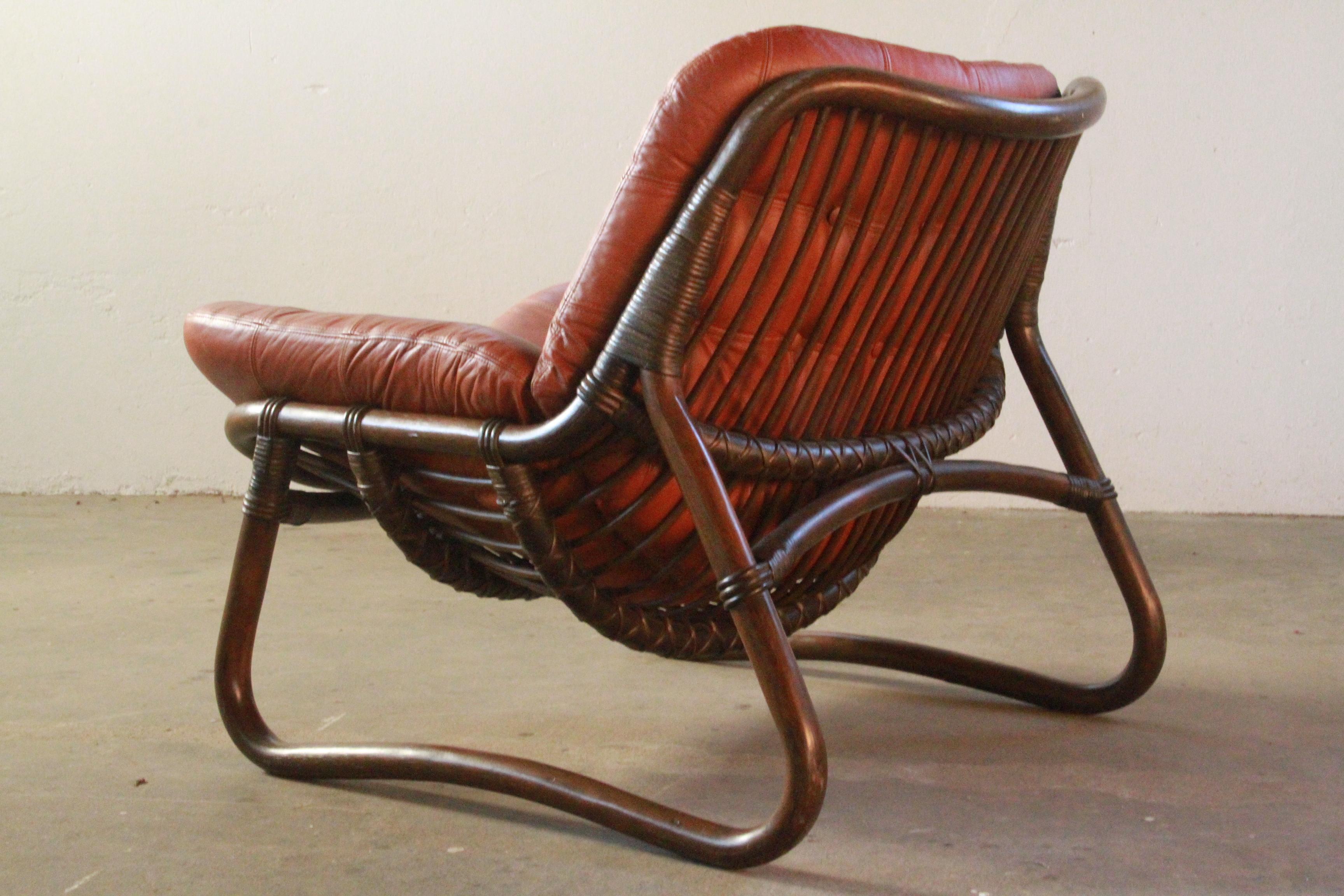 Bamboo & Leather Lounge Chairs, Denmark, 1970s 9