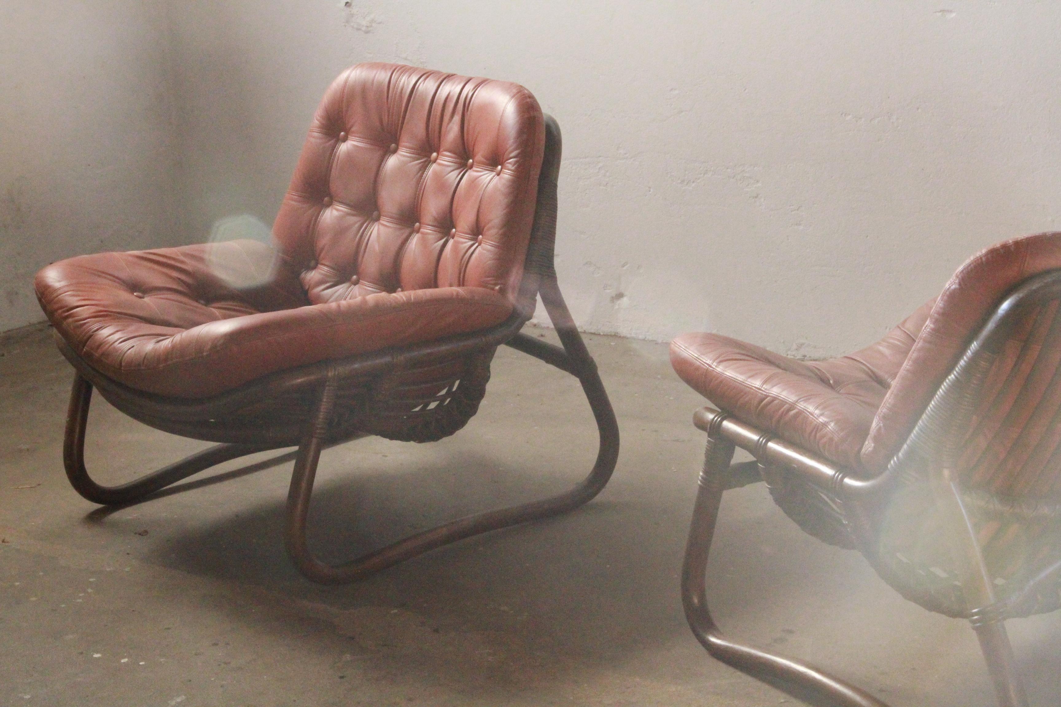 Bamboo & Leather Lounge Chairs, Denmark, 1970s 10