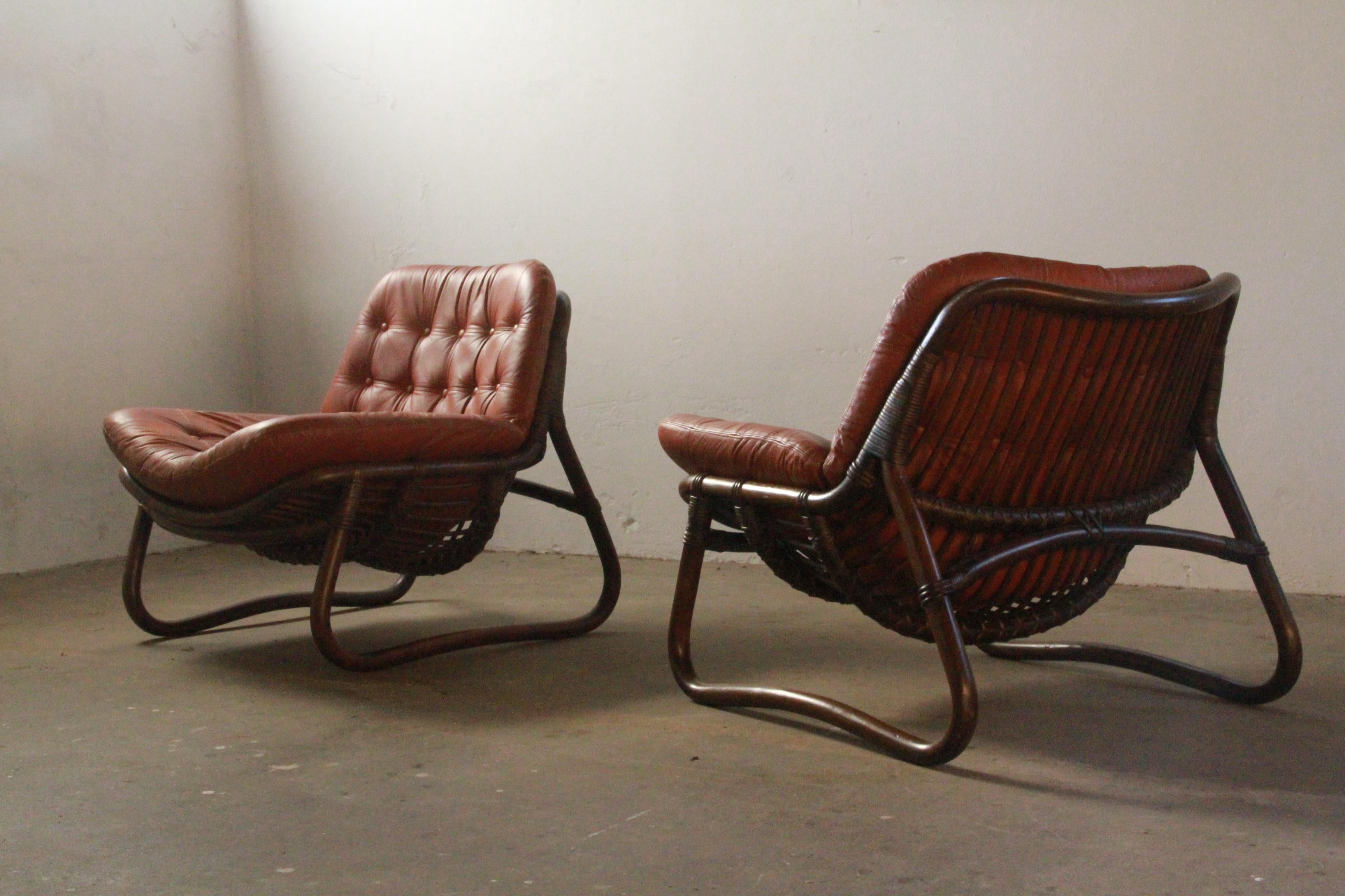 Bamboo & Leather Lounge Chairs, Denmark, 1970s 11