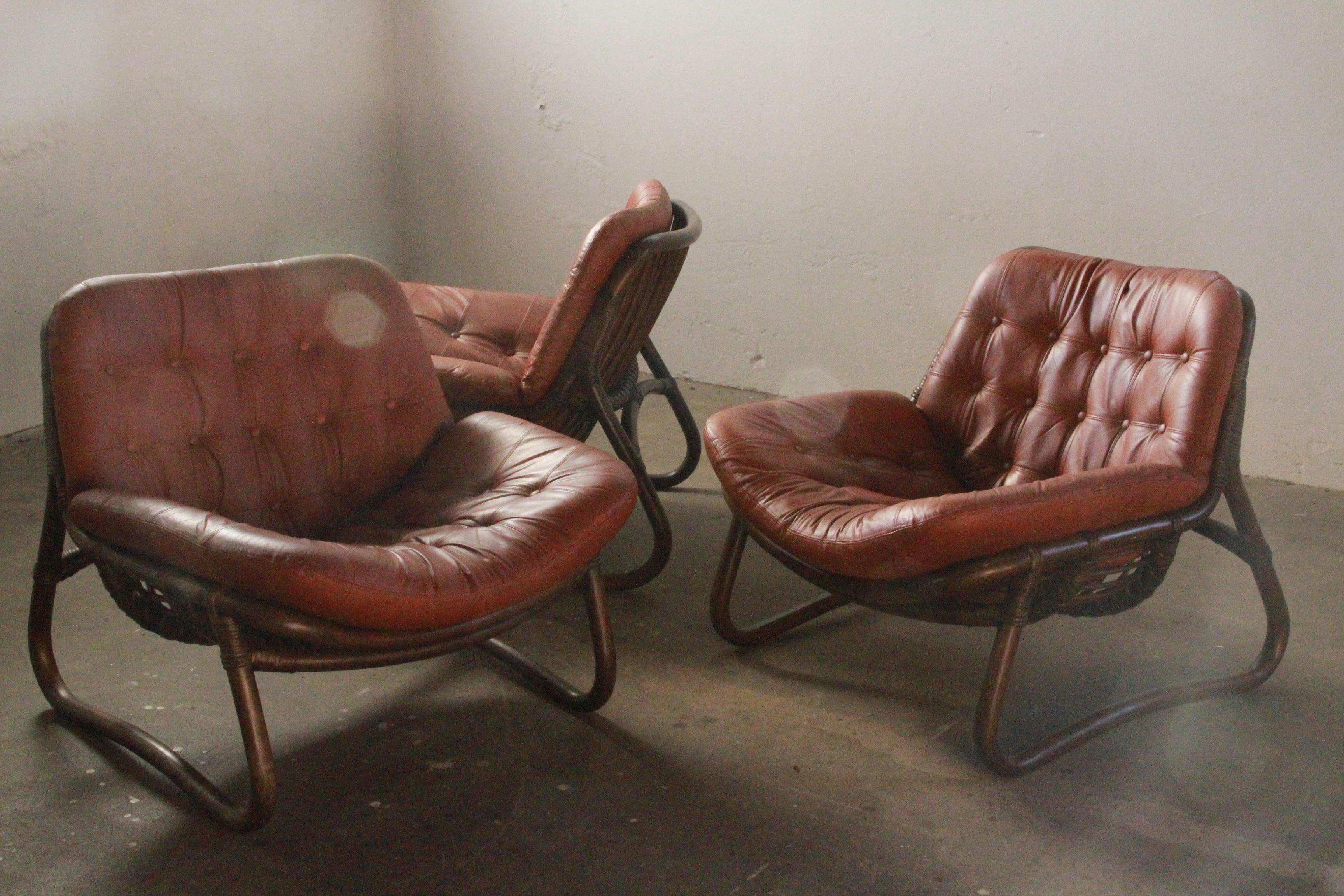 Bamboo & Leather Lounge Chairs, Denmark, 1970s 12