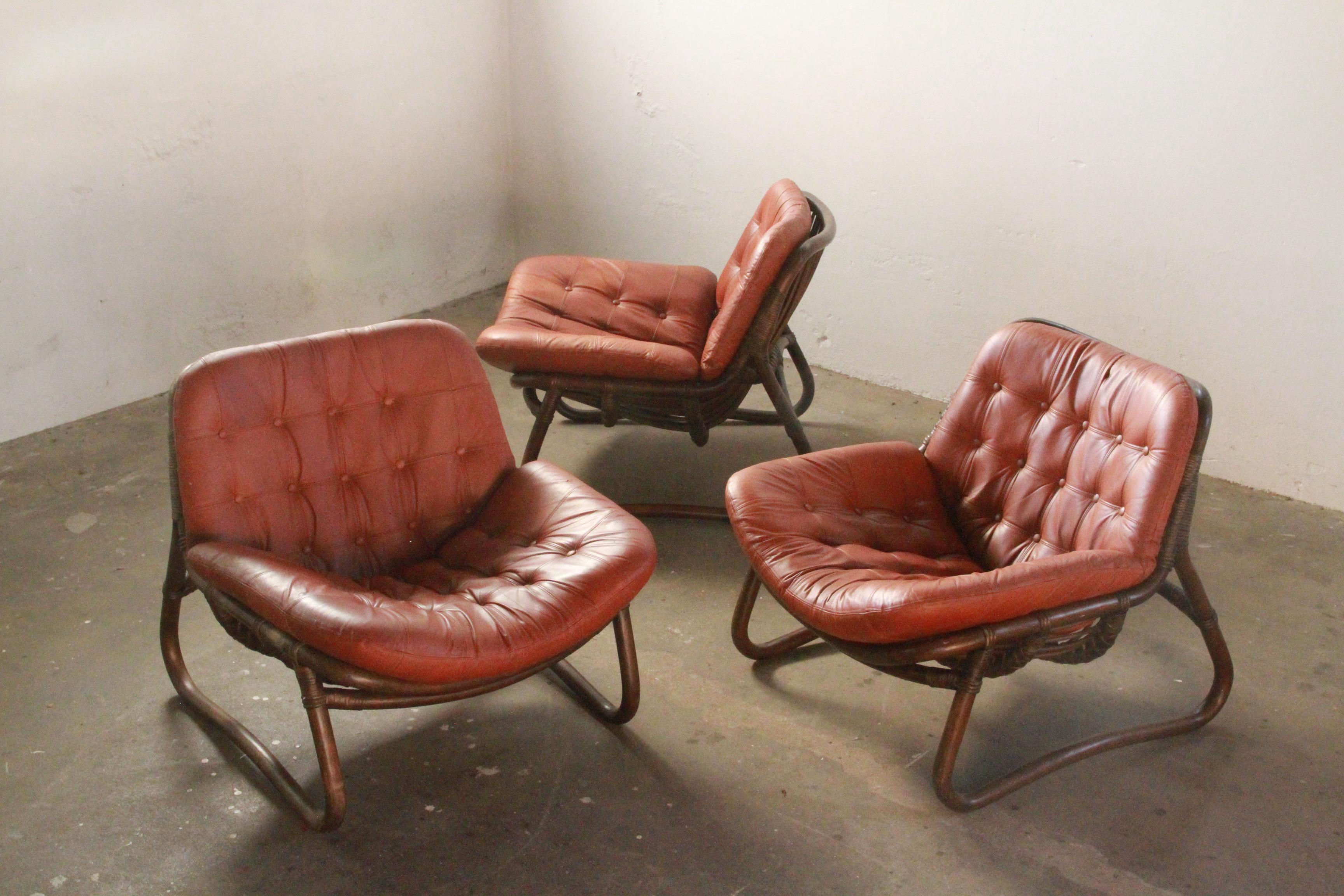 Bamboo & Leather Lounge Chairs, Denmark, 1970s 13