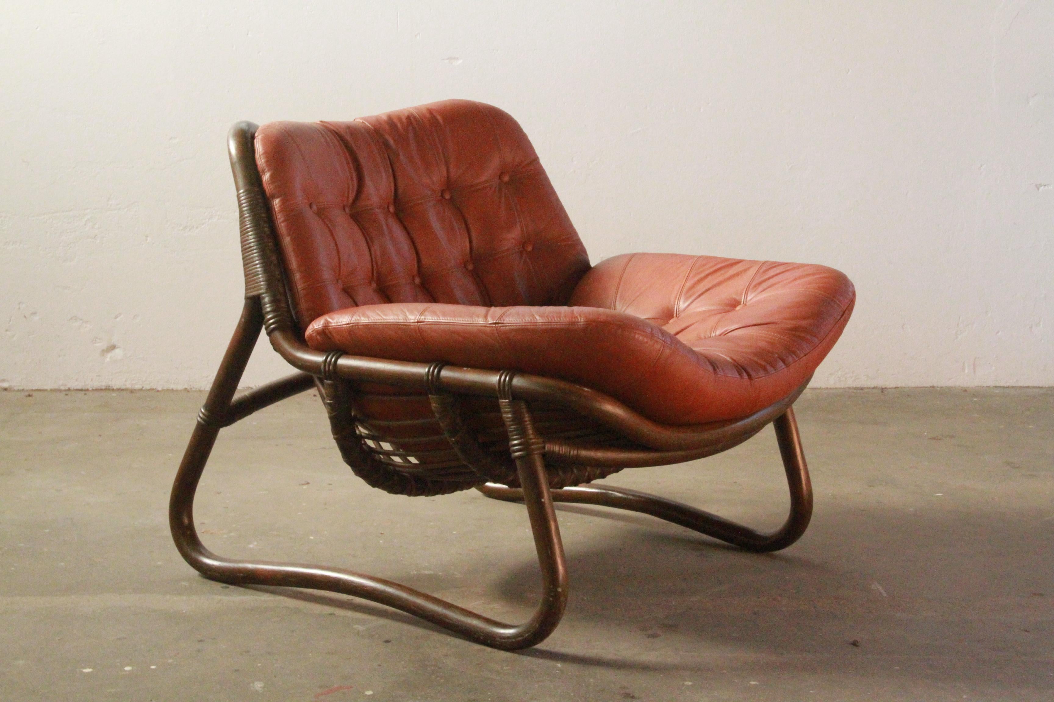 Mid-Century Modern Bamboo & Leather Lounge Chairs, Denmark, 1970s