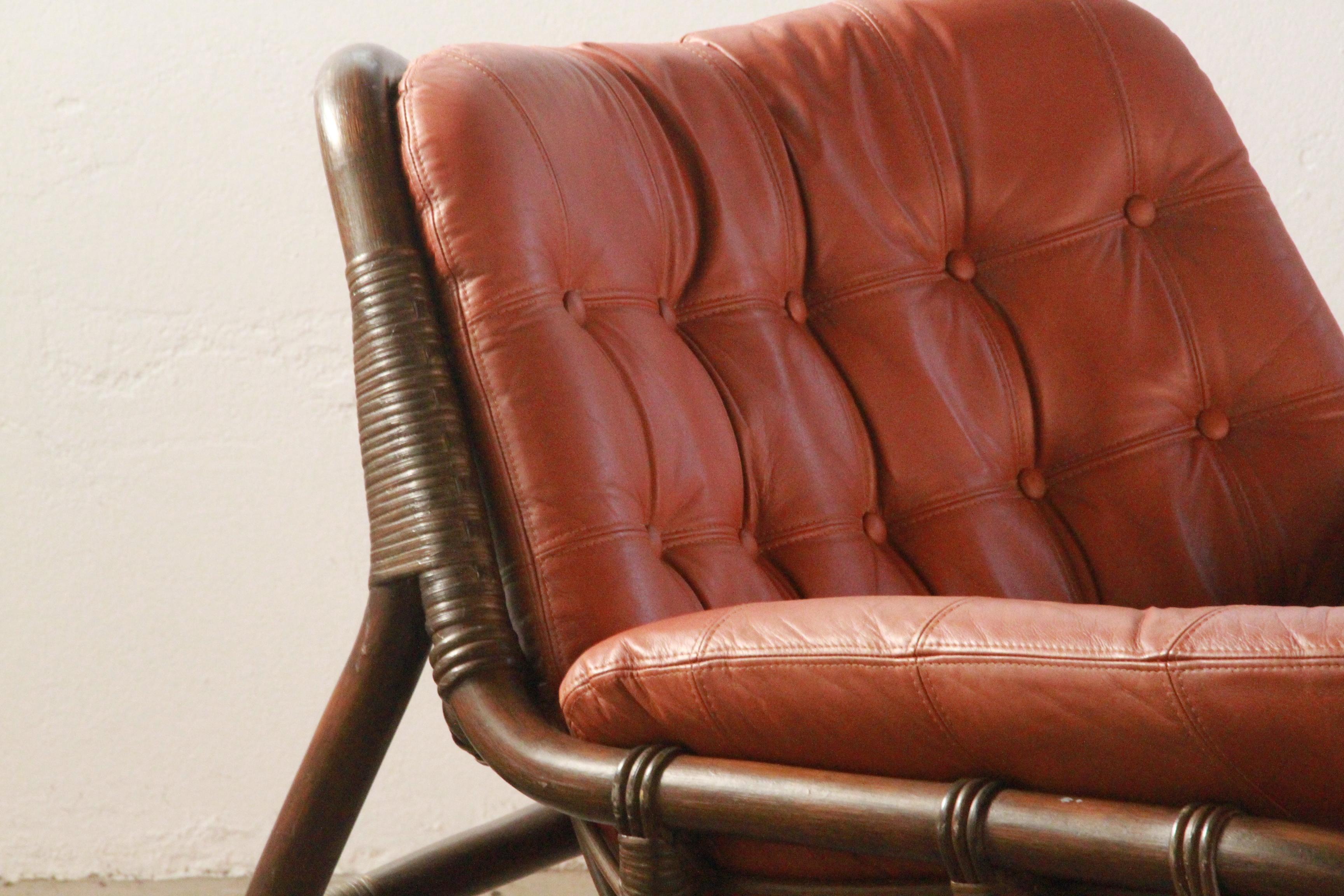 Danish Bamboo & Leather Lounge Chairs, Denmark, 1970s